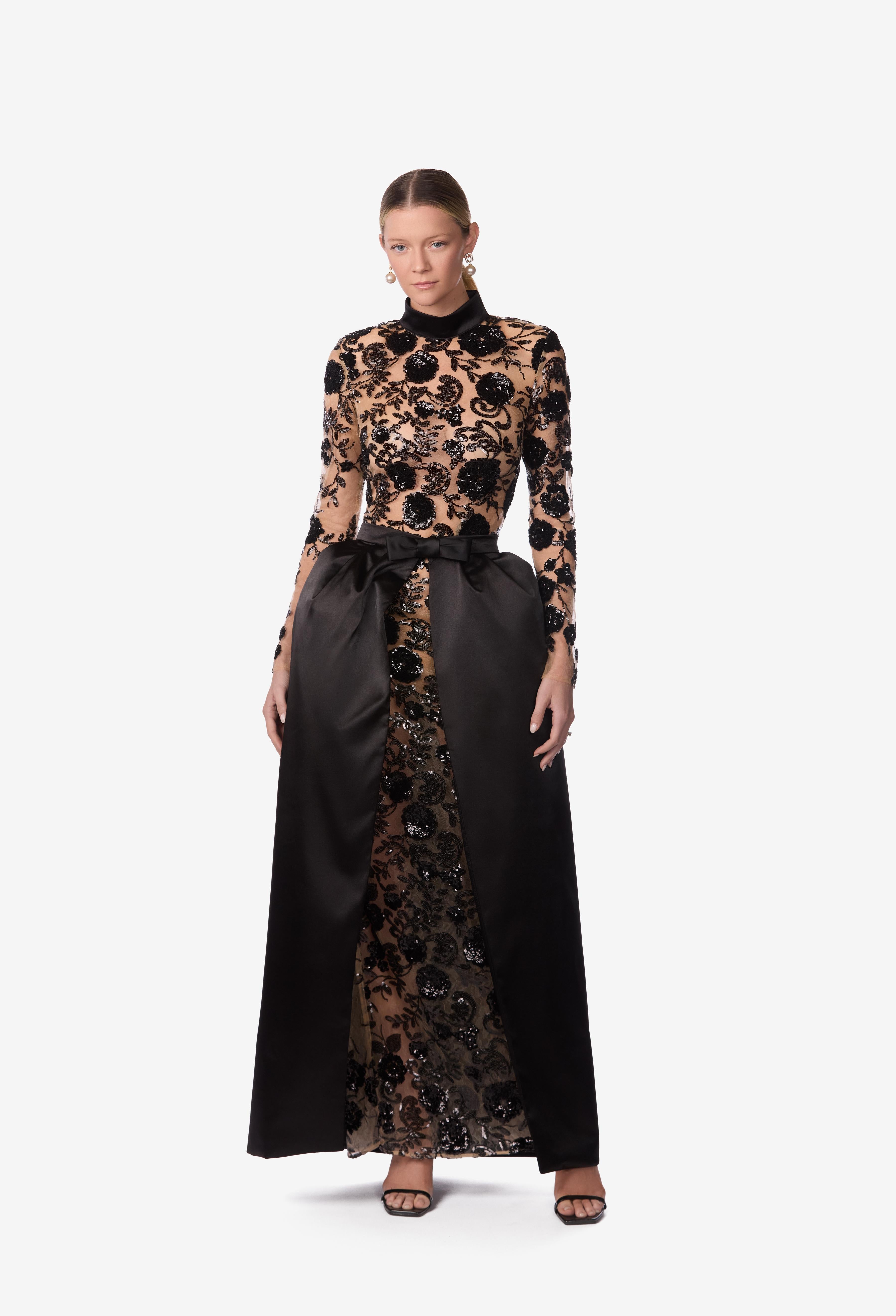 Fitted Floral Embroidered Sequin Mesh Gown