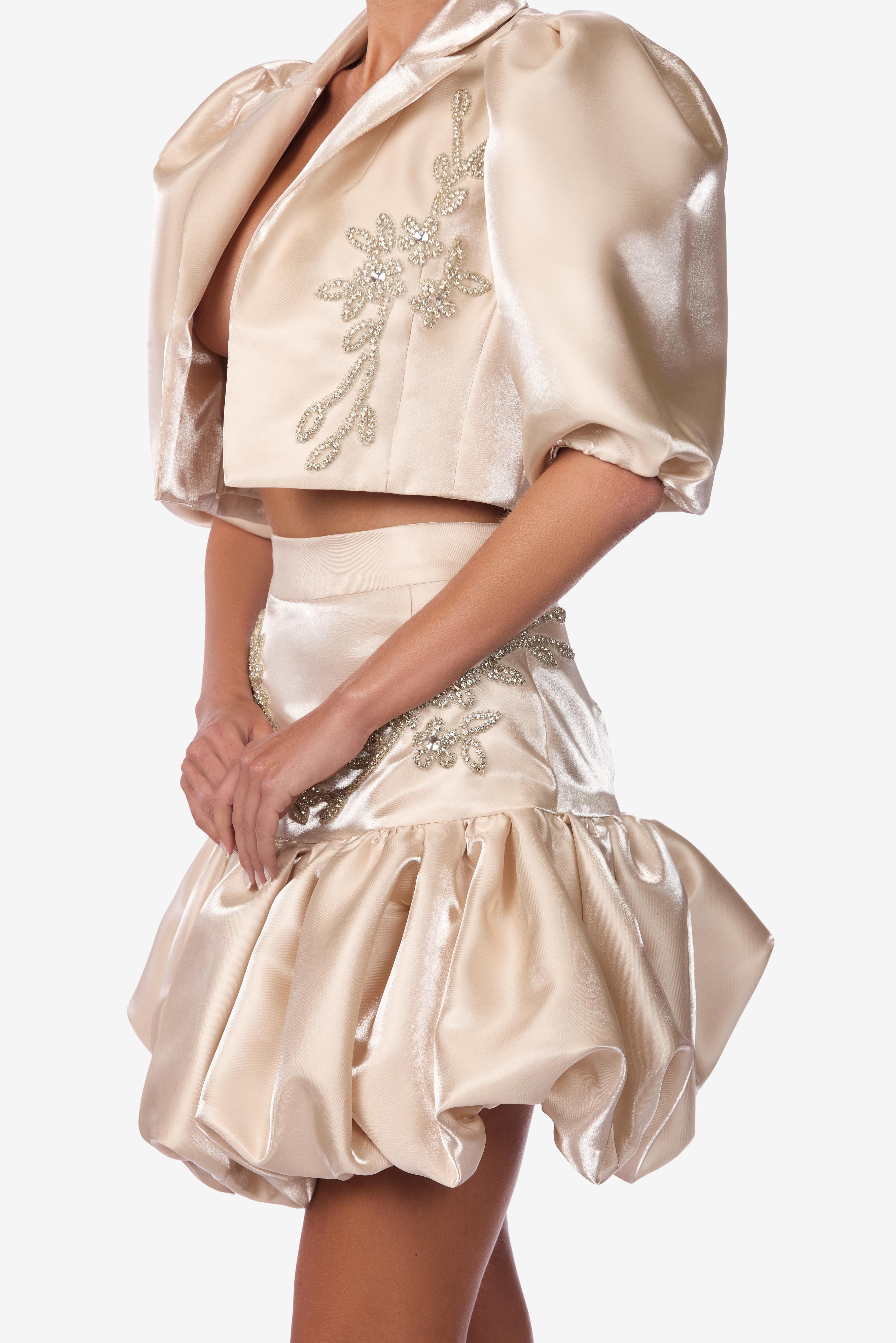 Embellished Mikado Puff-Sleeve Cropped Jacket