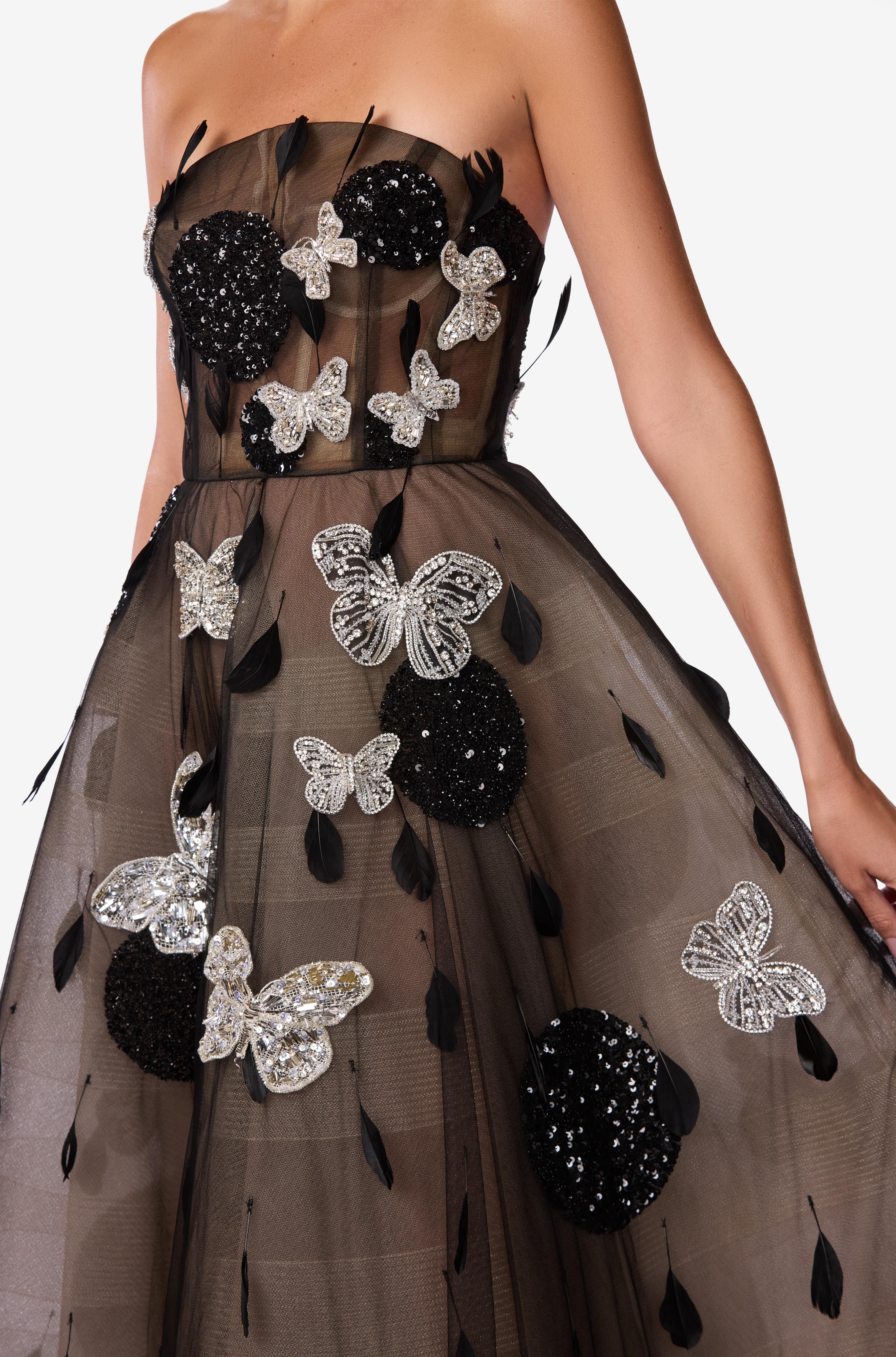 Butterfly & Crystal Embroidered Silk Tulle Dress