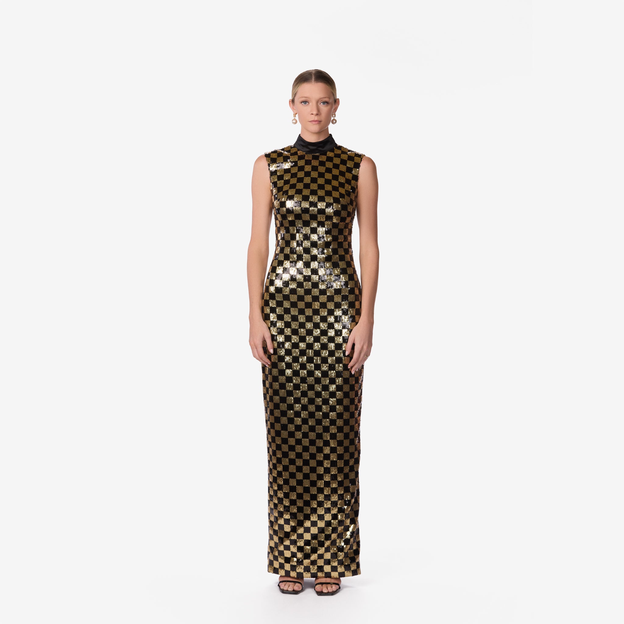 Black & Gold Sequin Checkered Column Gown