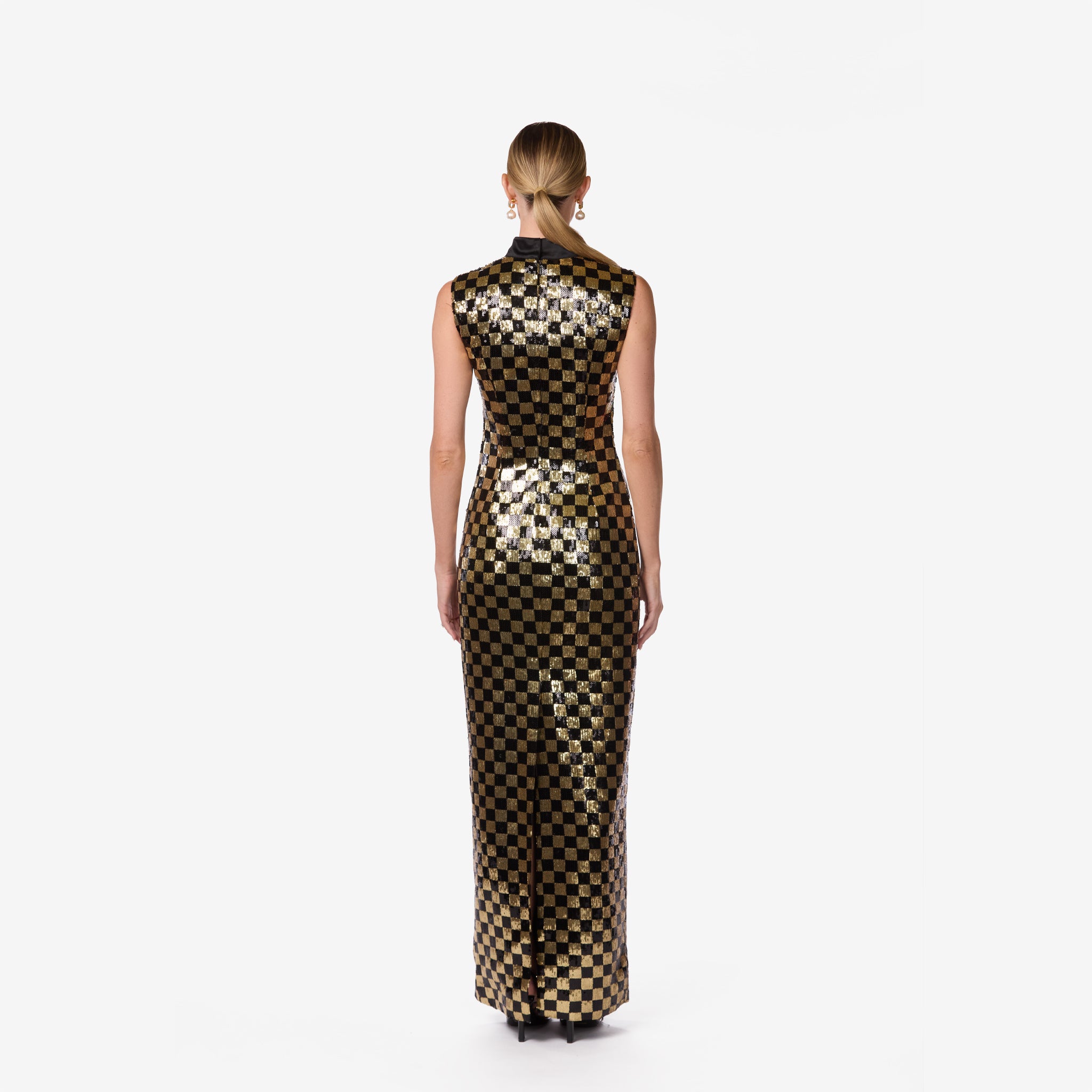 Black & Gold Sequin Checkered Column Gown