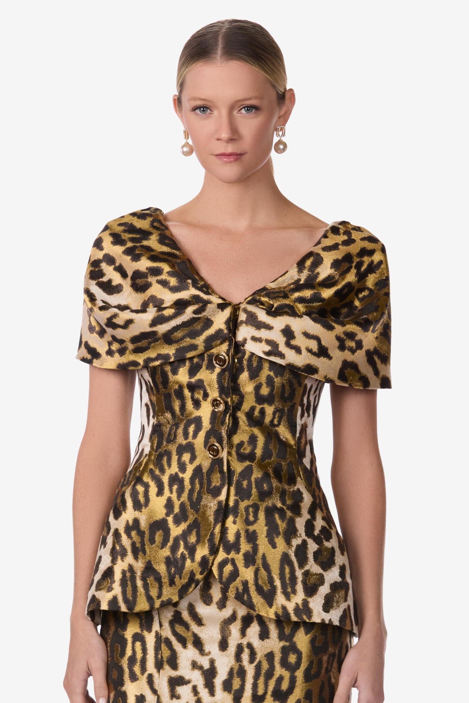 Leopard Jacquard Draped Portrait Top