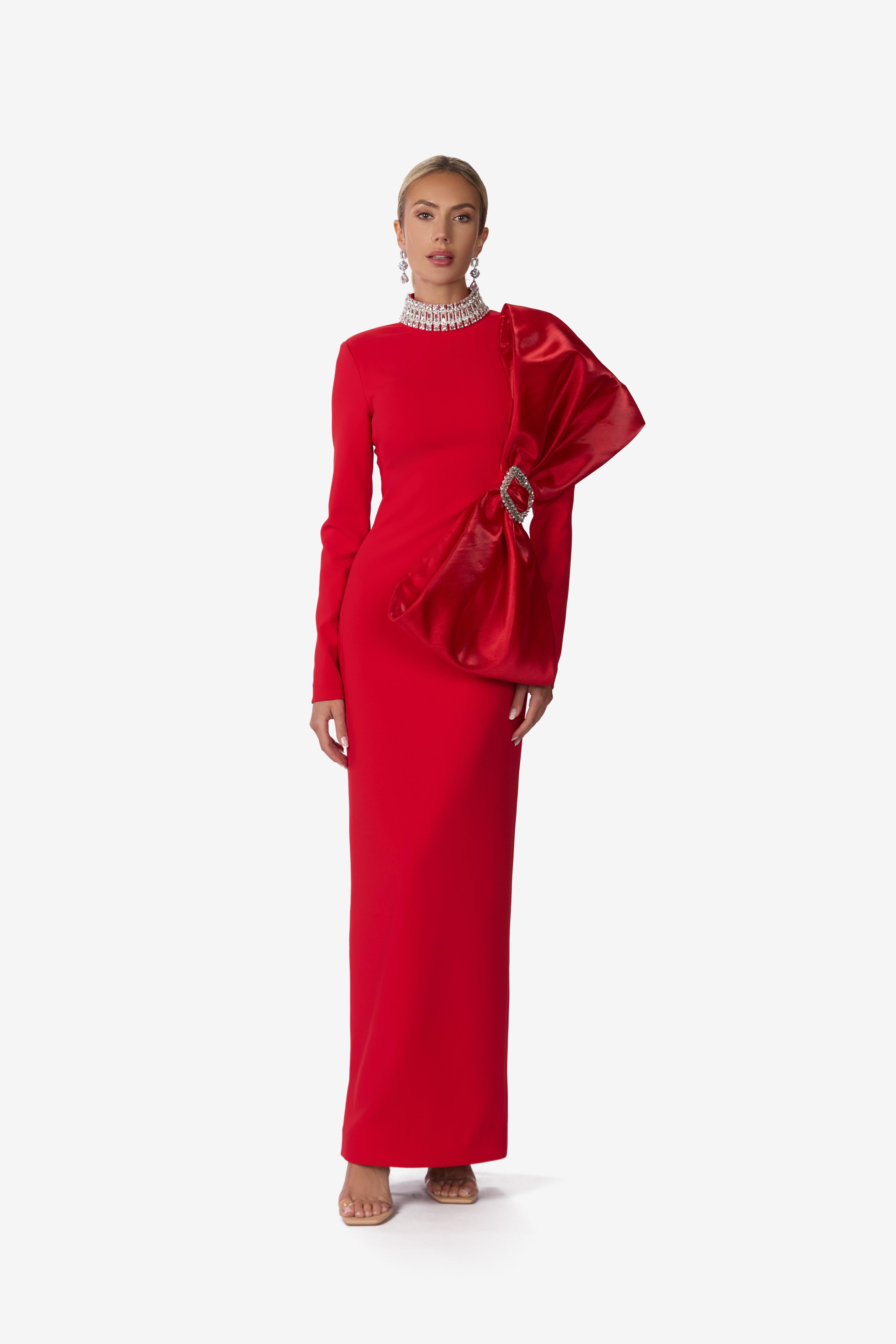 Big bow Jeweled Neck Column Gown