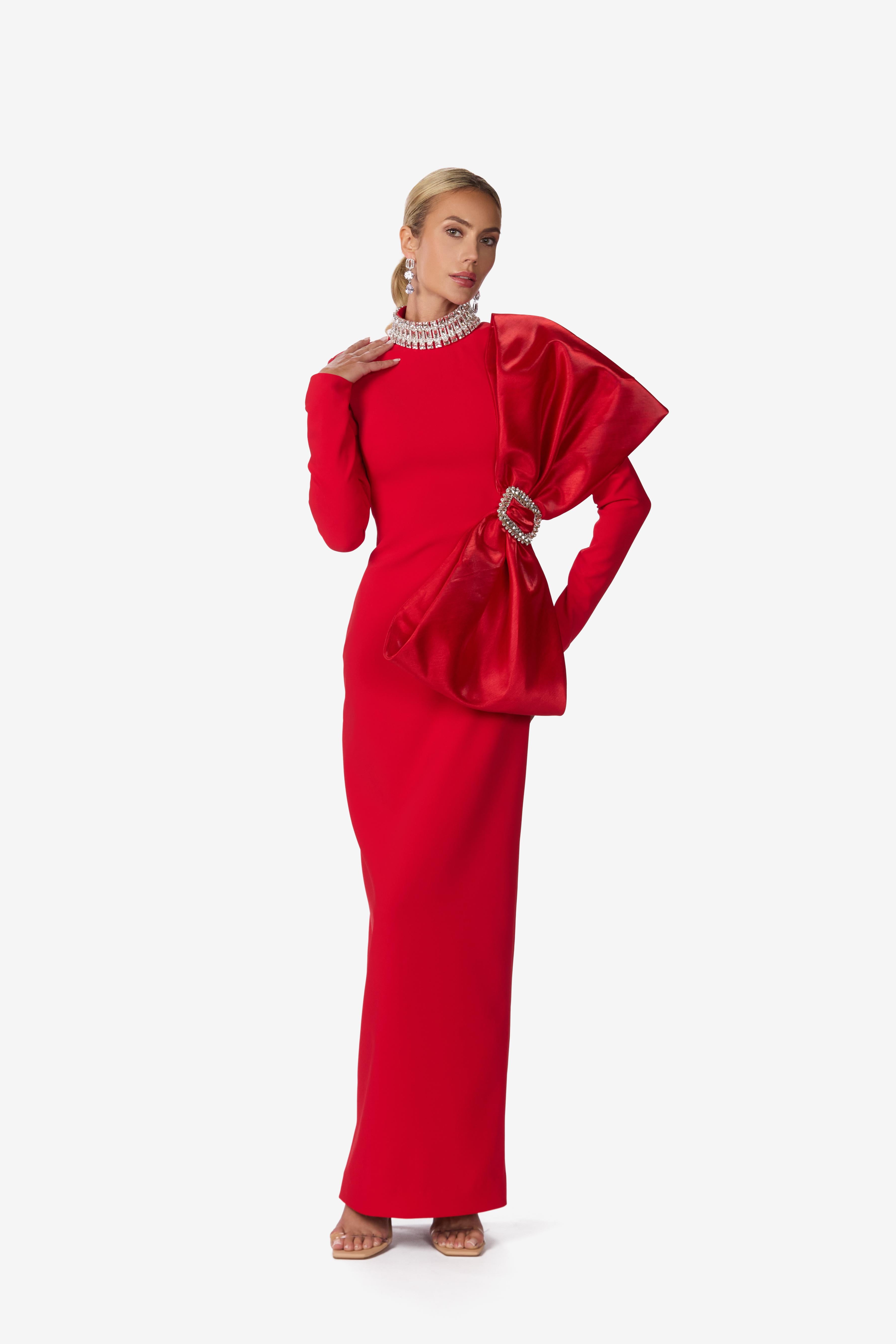 Big bow Jeweled Neck Column Gown