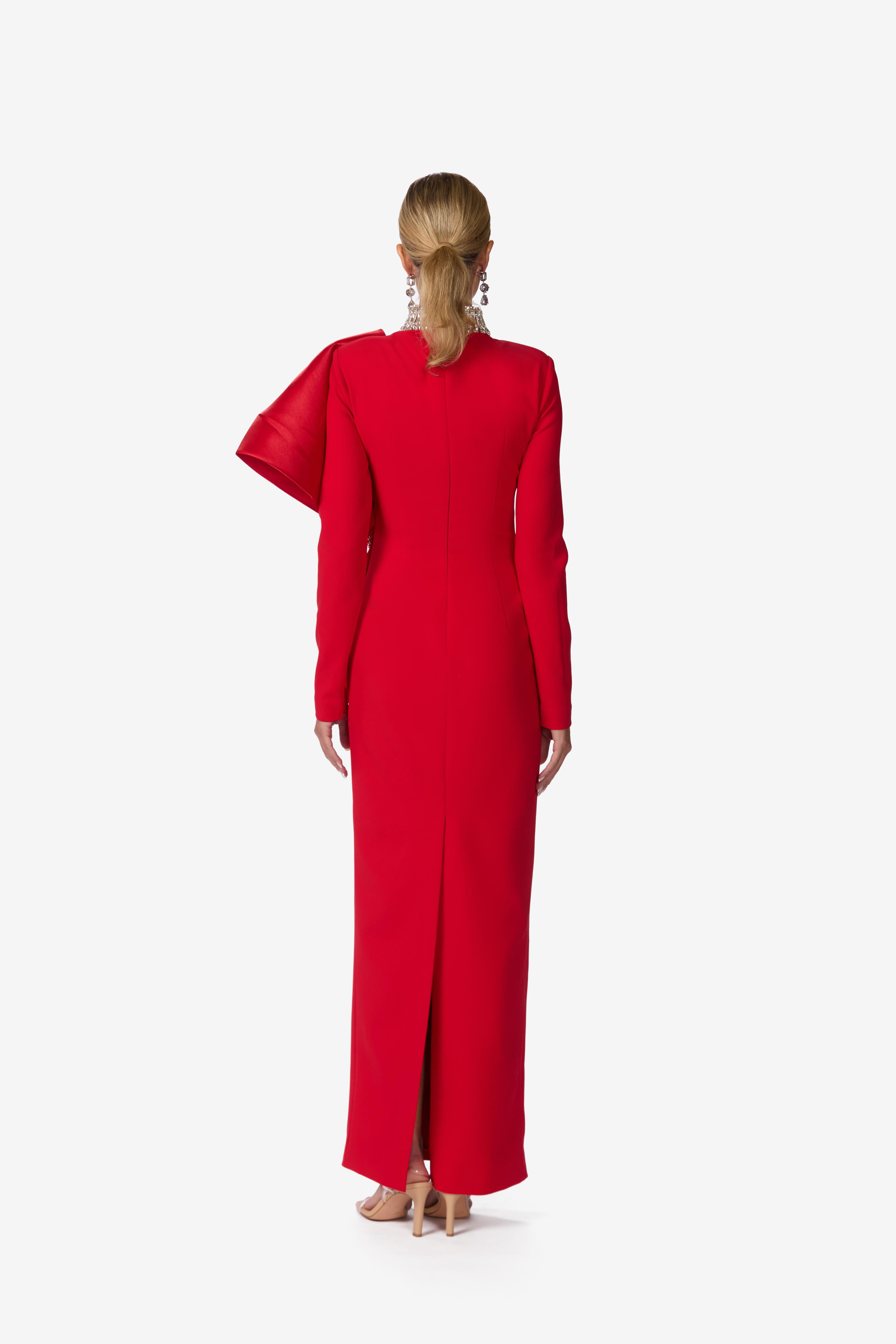 Big bow Jeweled Neck Column Gown