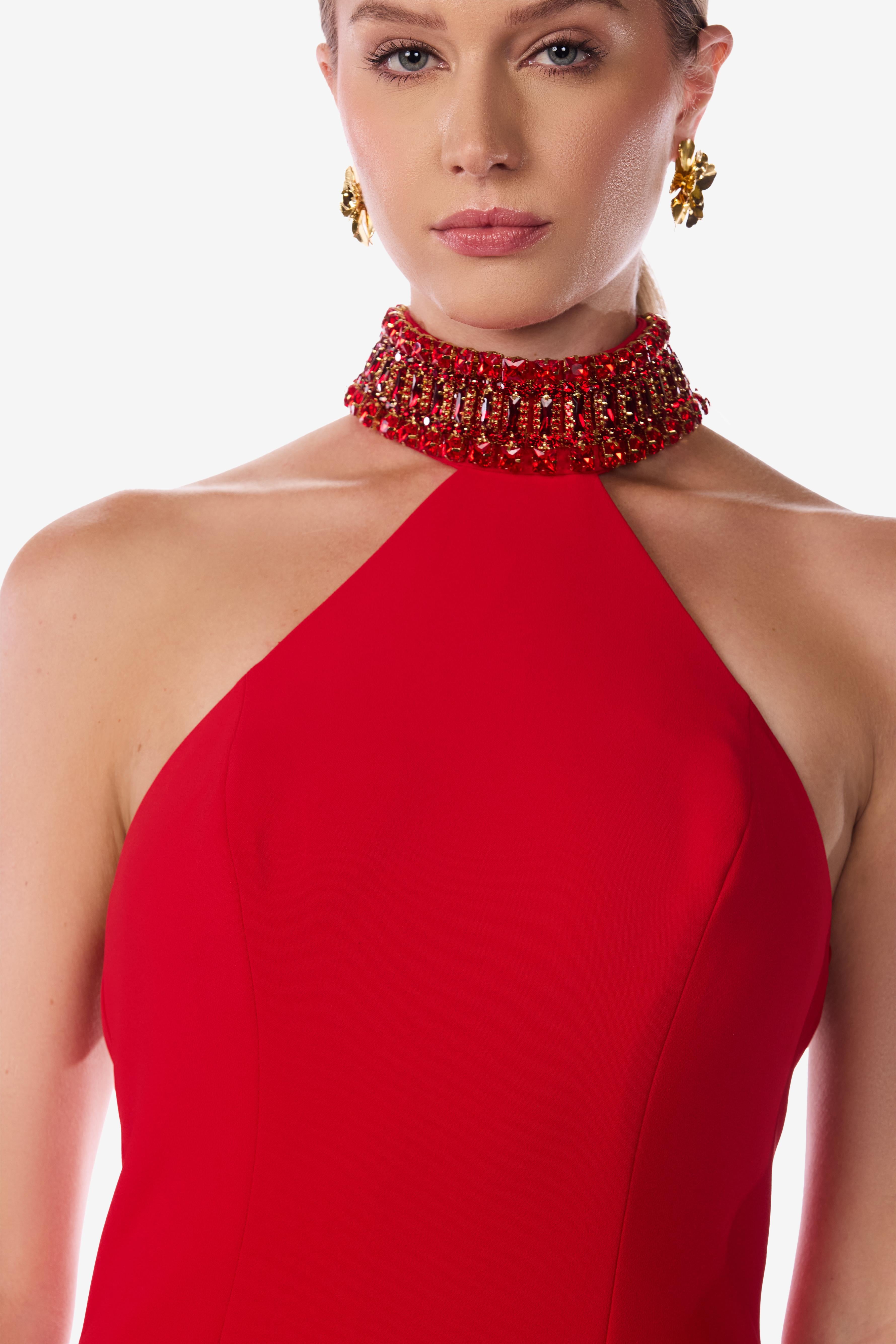 Jeweled Halter Backless Gown