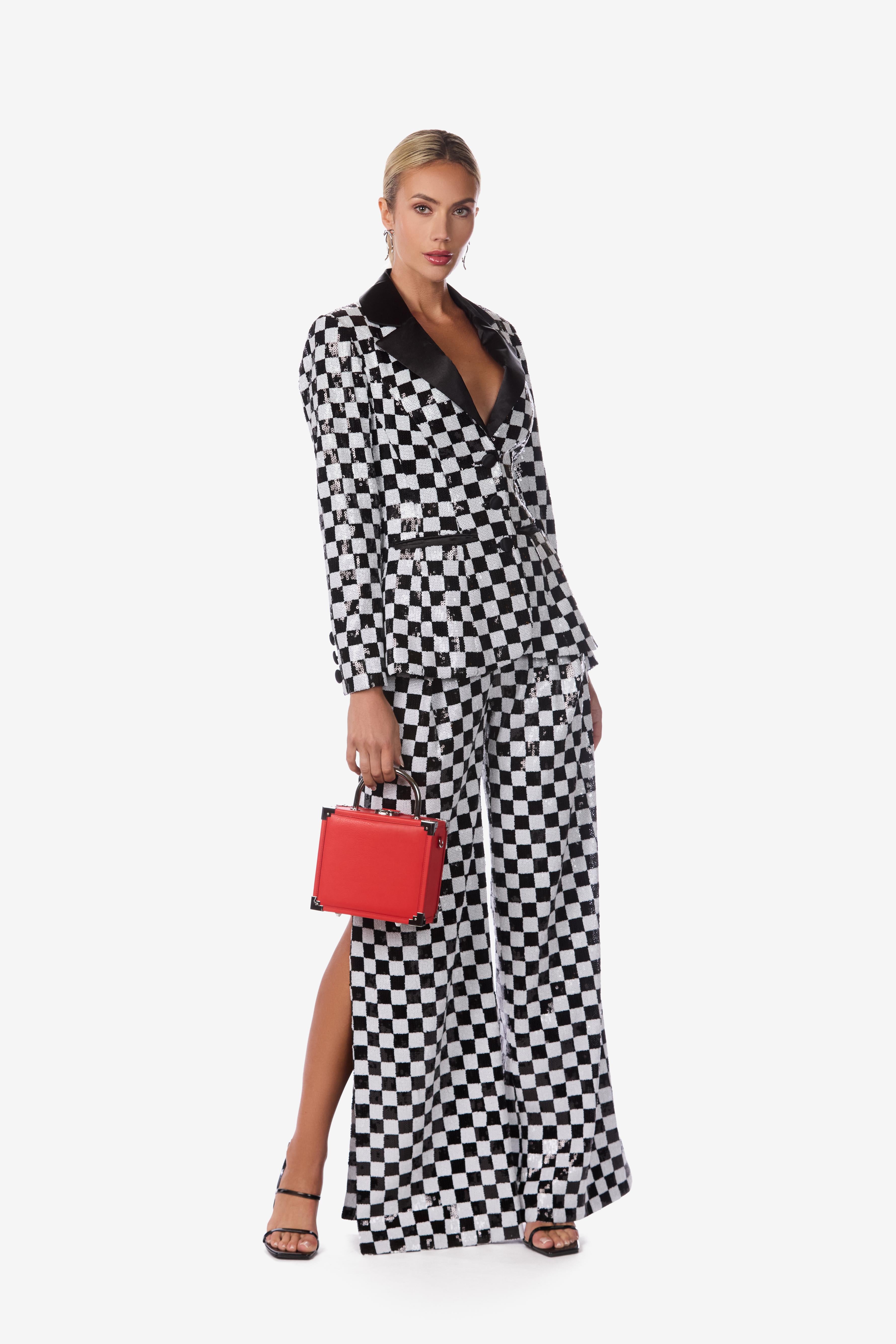 Sequin Checkered Wide-Leg Pants