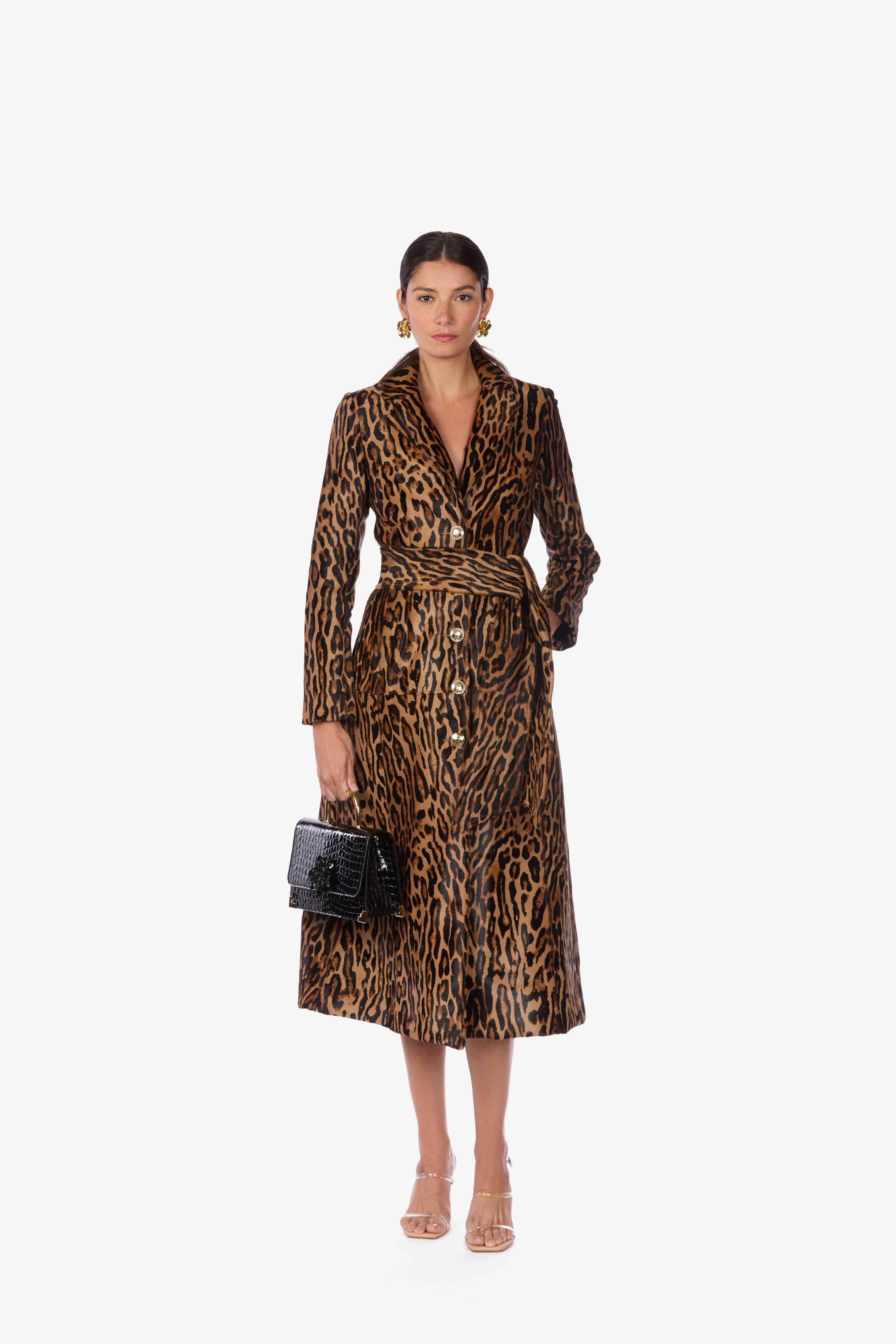 Leopard Cavallino Calfskin Leather Coat