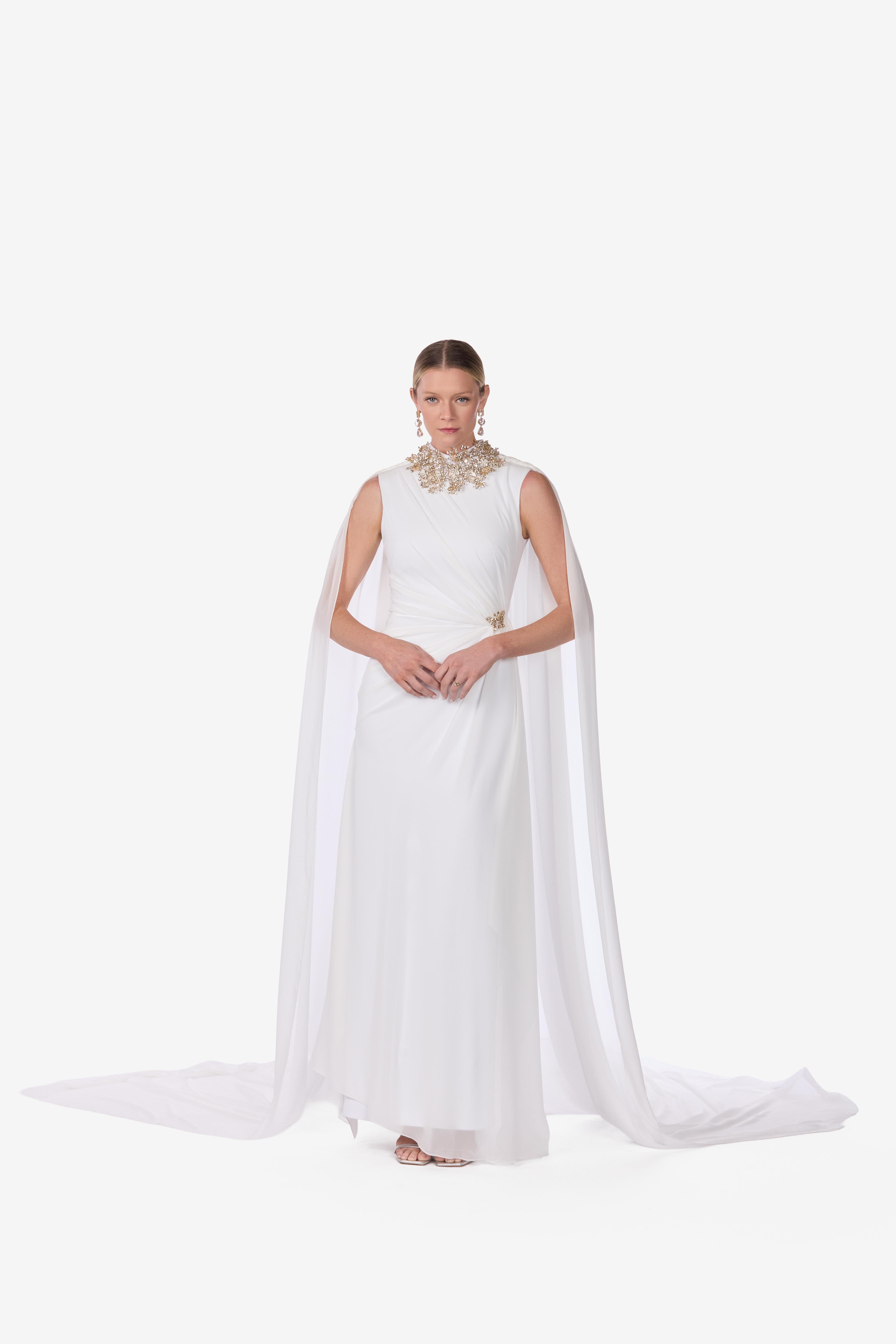 Embellished High-Neck Cape Gown