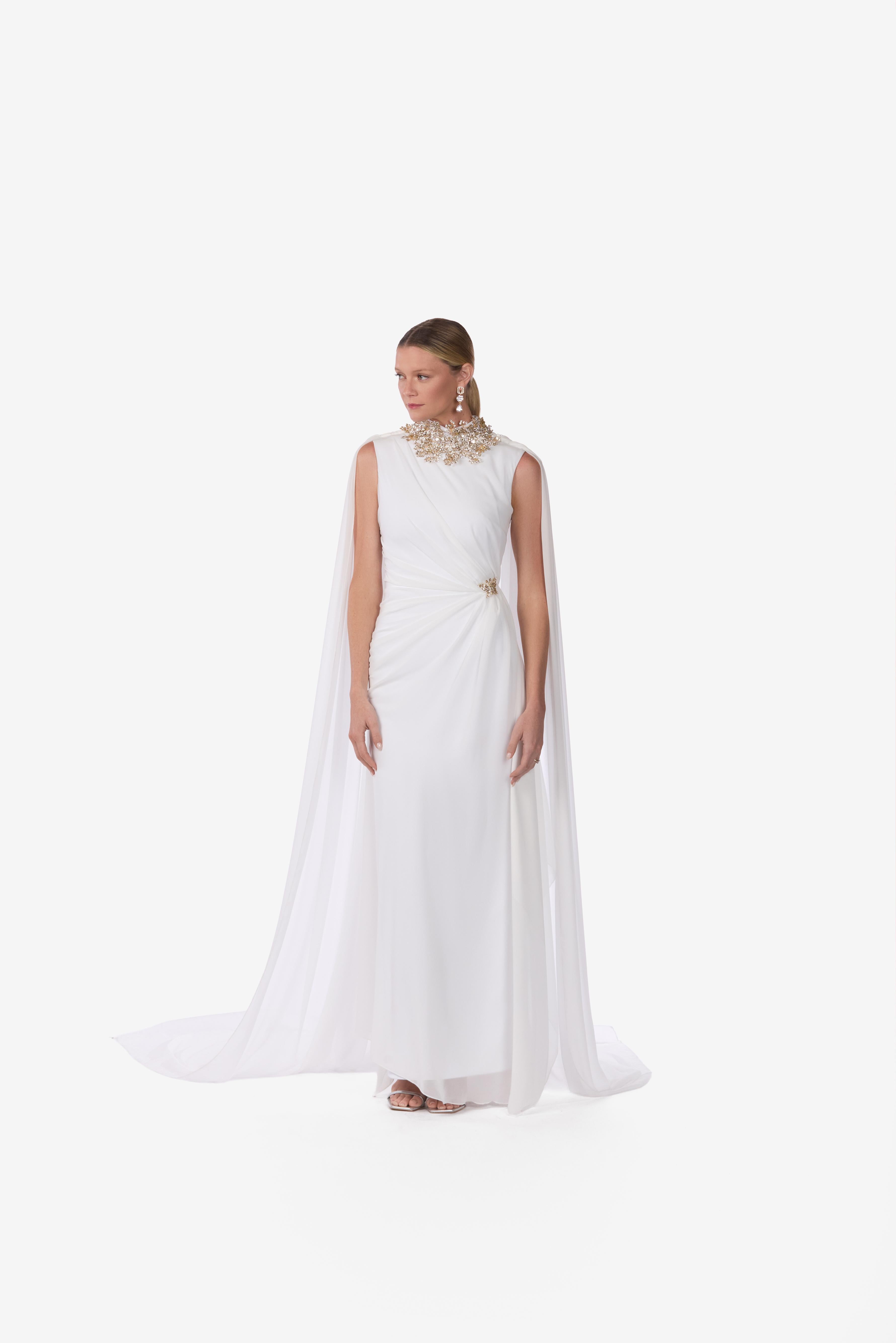 Embellished High-Neck Cape Gown