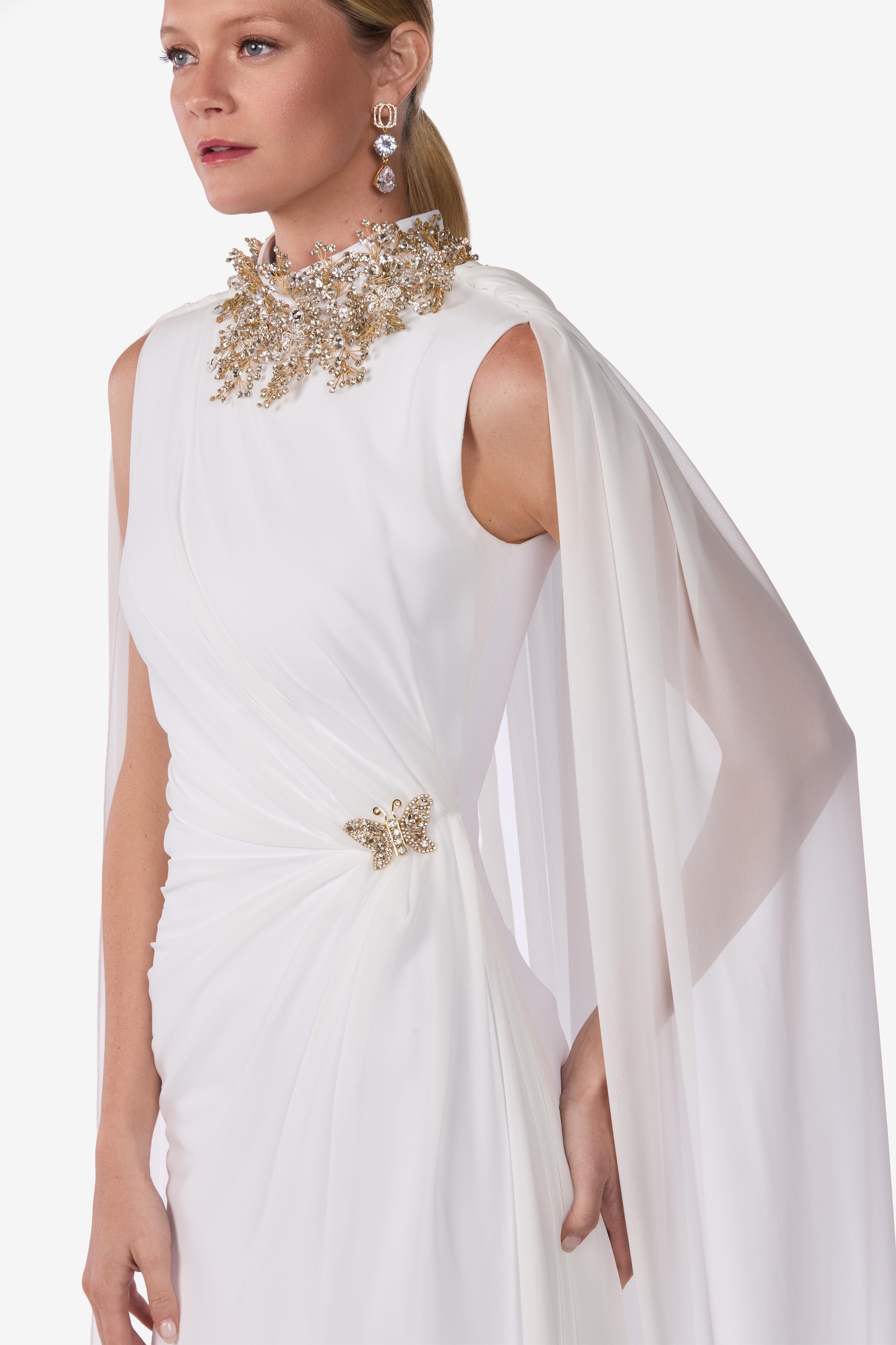 Embellished High-Neck Cape Gown