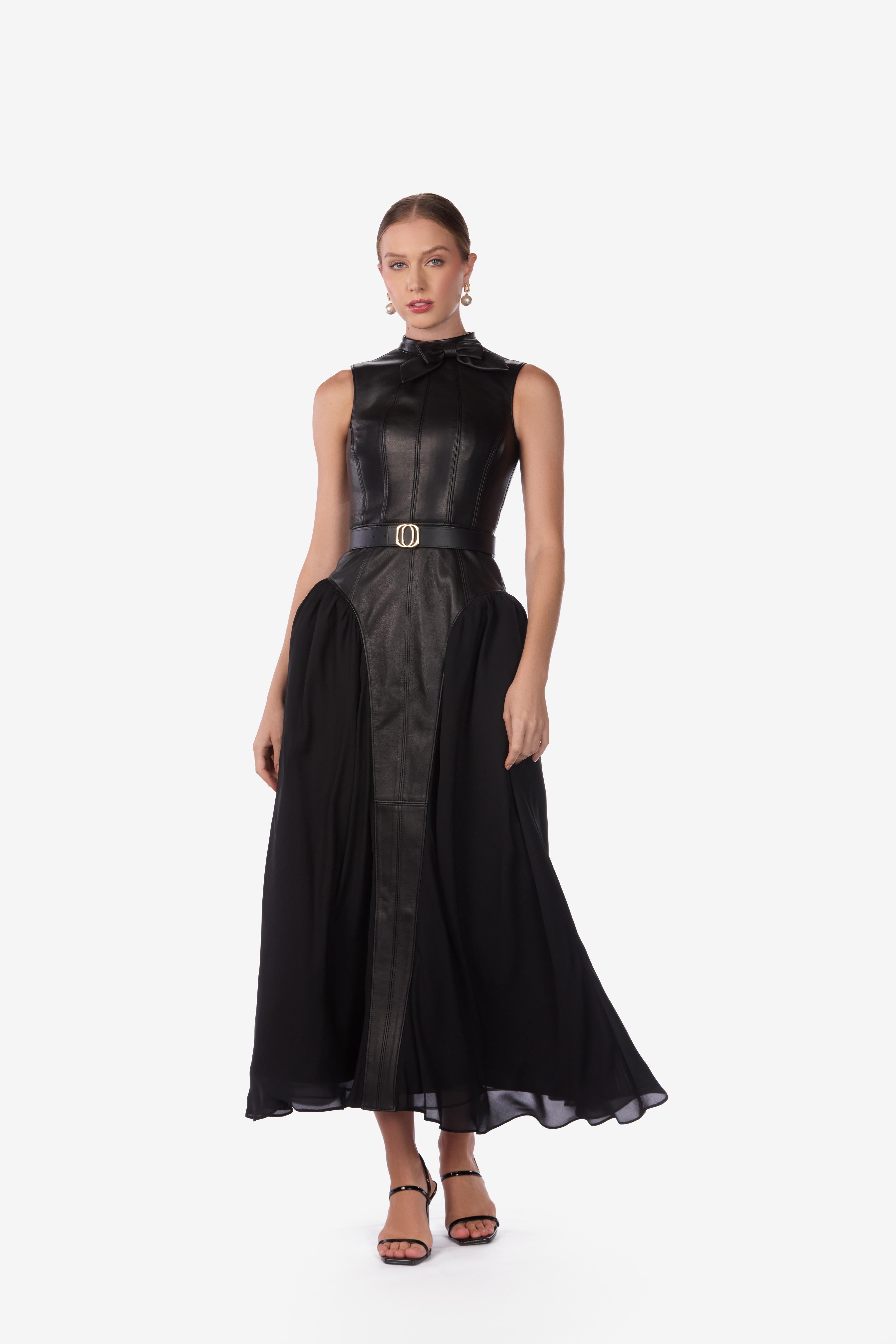 Lambskin Leather Silk Georgette Midi Dress