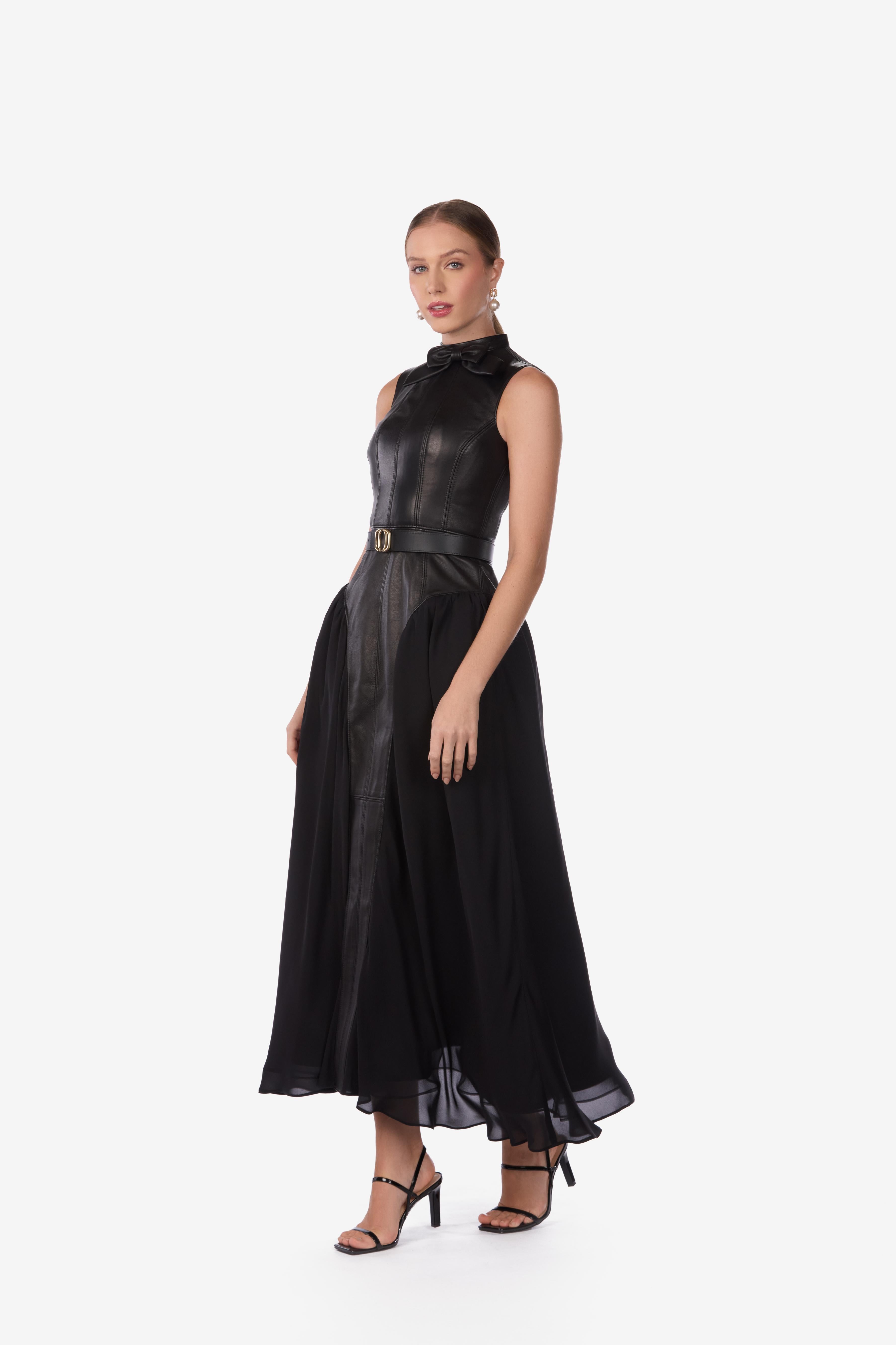 Lambskin Leather Silk Georgette Midi Dress