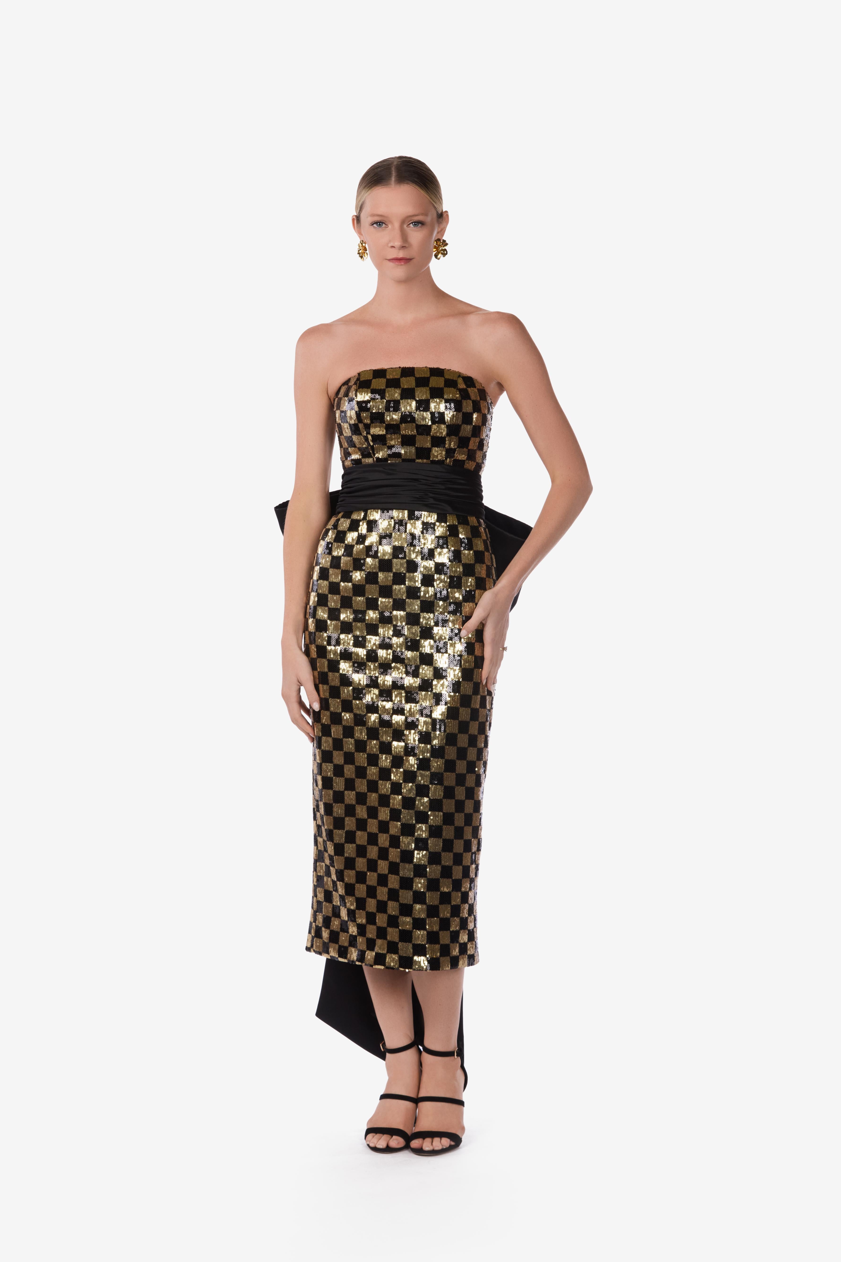 Strapless Checkered Sequin Midi Dress with Oversized Bow Belt