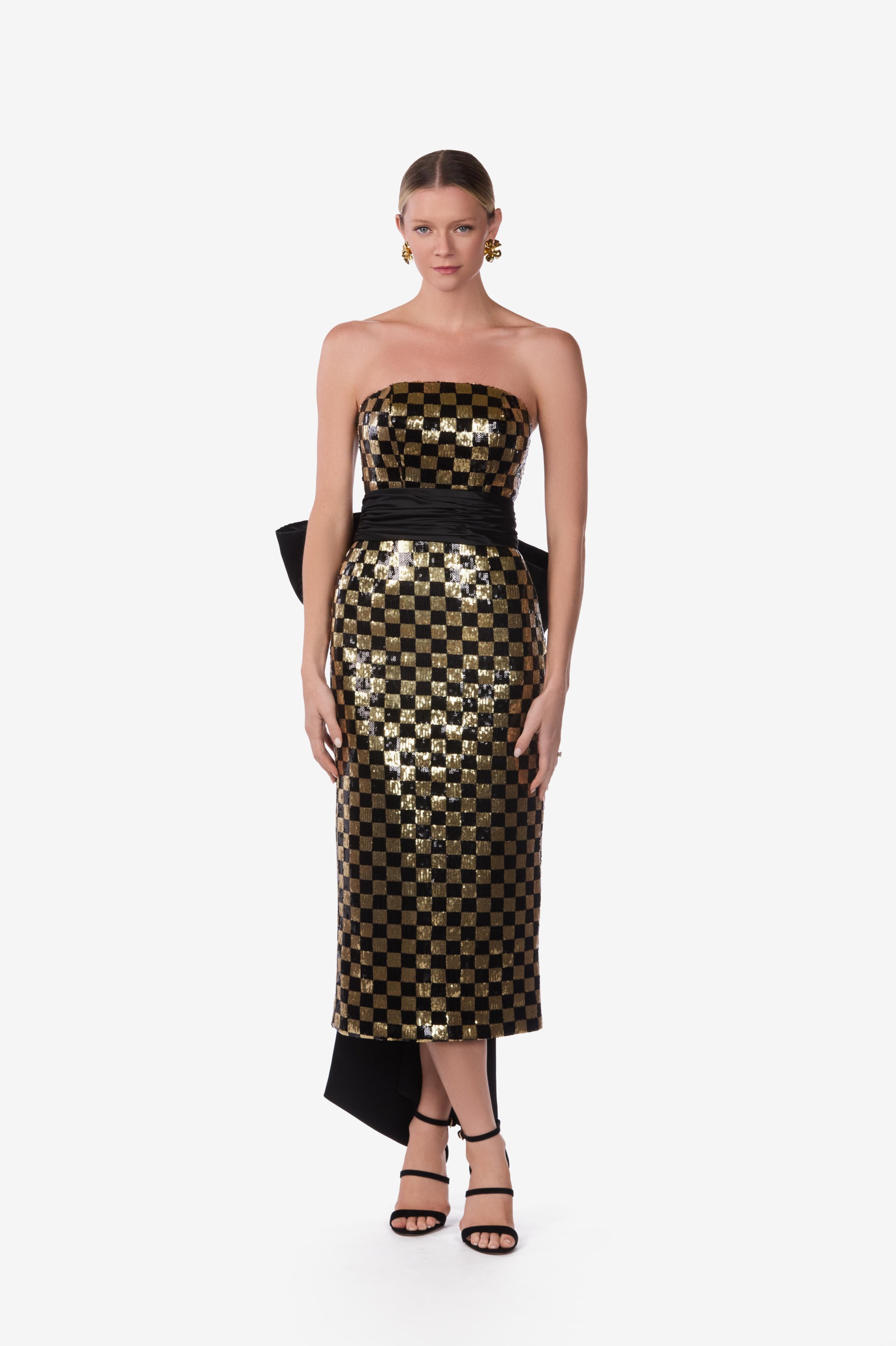Strapless Checkered Sequin Midi Dress with Oversized Bow Belt