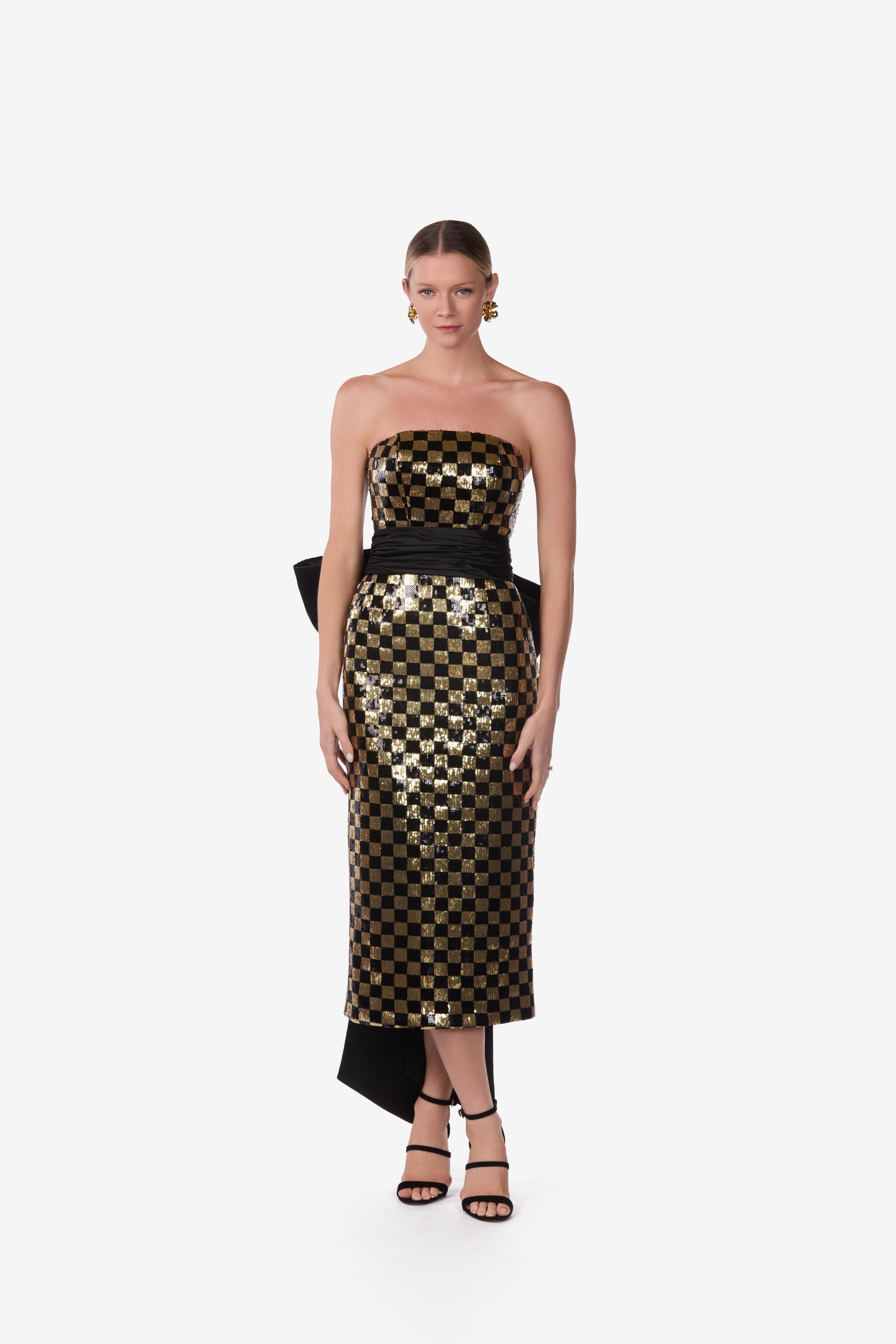 Strapless Checkered Sequin Midi Dress with Oversized Bow Belt