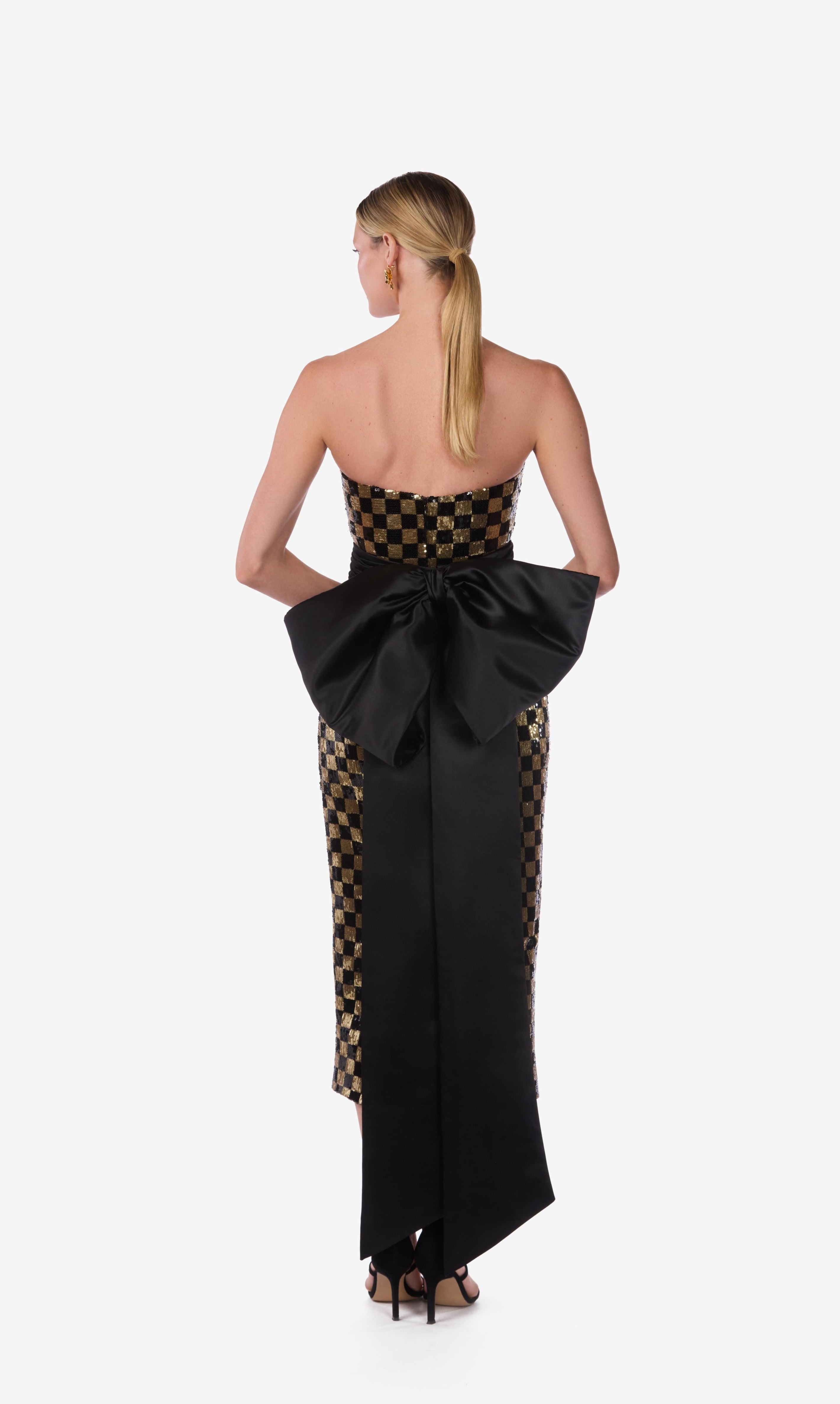 Strapless Checkered Sequin Midi Dress with Oversized Bow Belt
