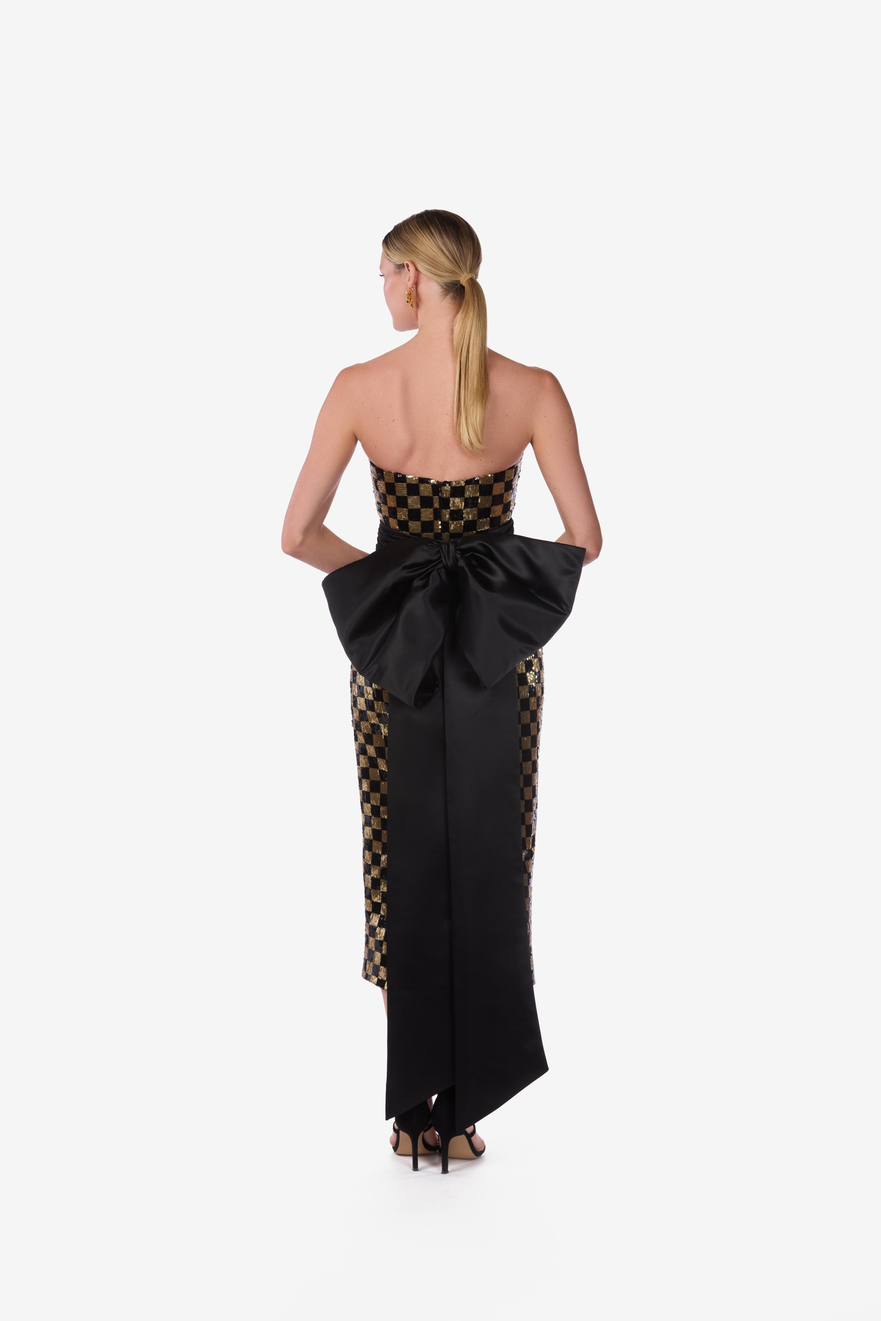Strapless Checkered Sequin Midi Dress with Oversized Bow Belt