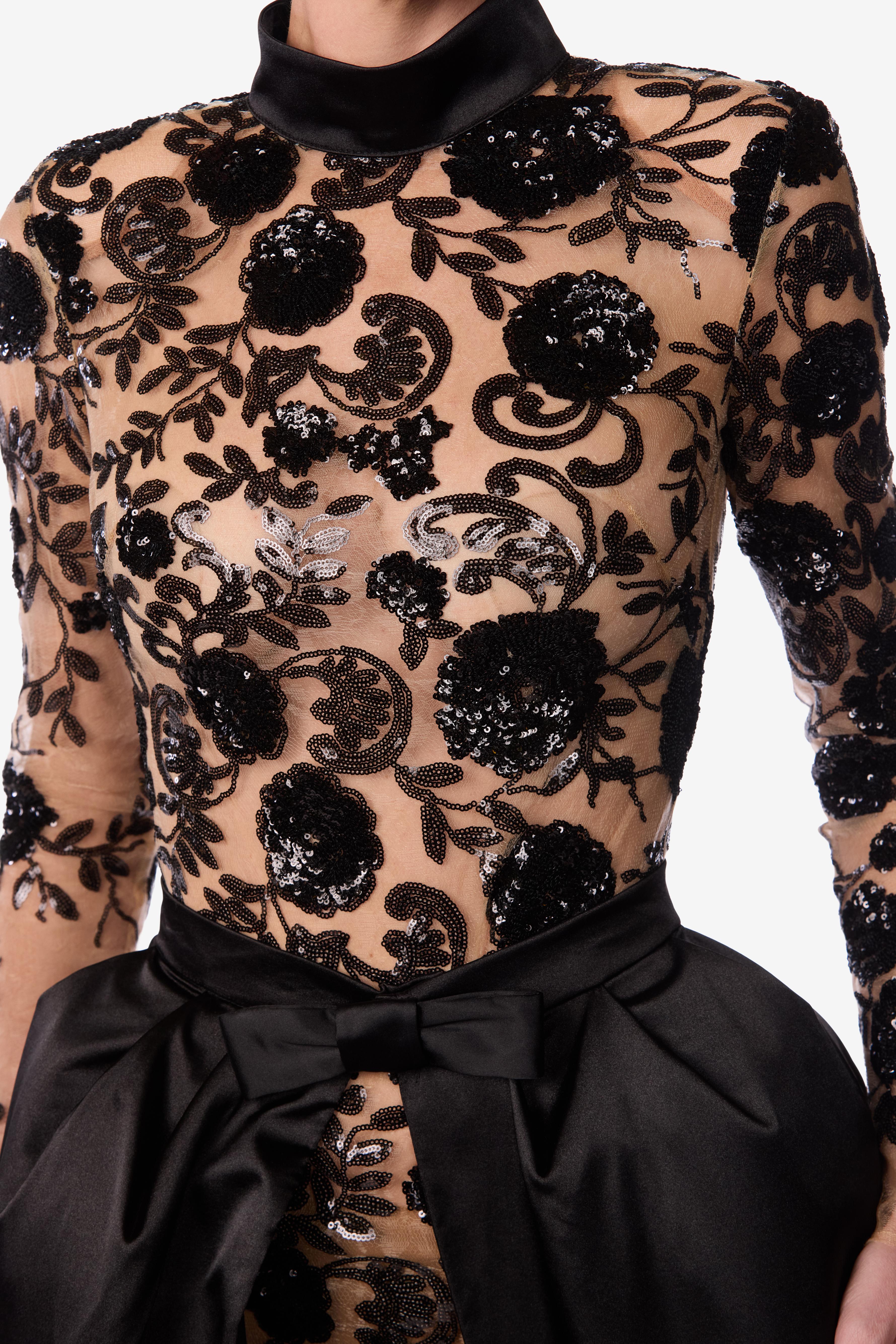 Fitted Floral Embroidered Sequin Mesh Gown
