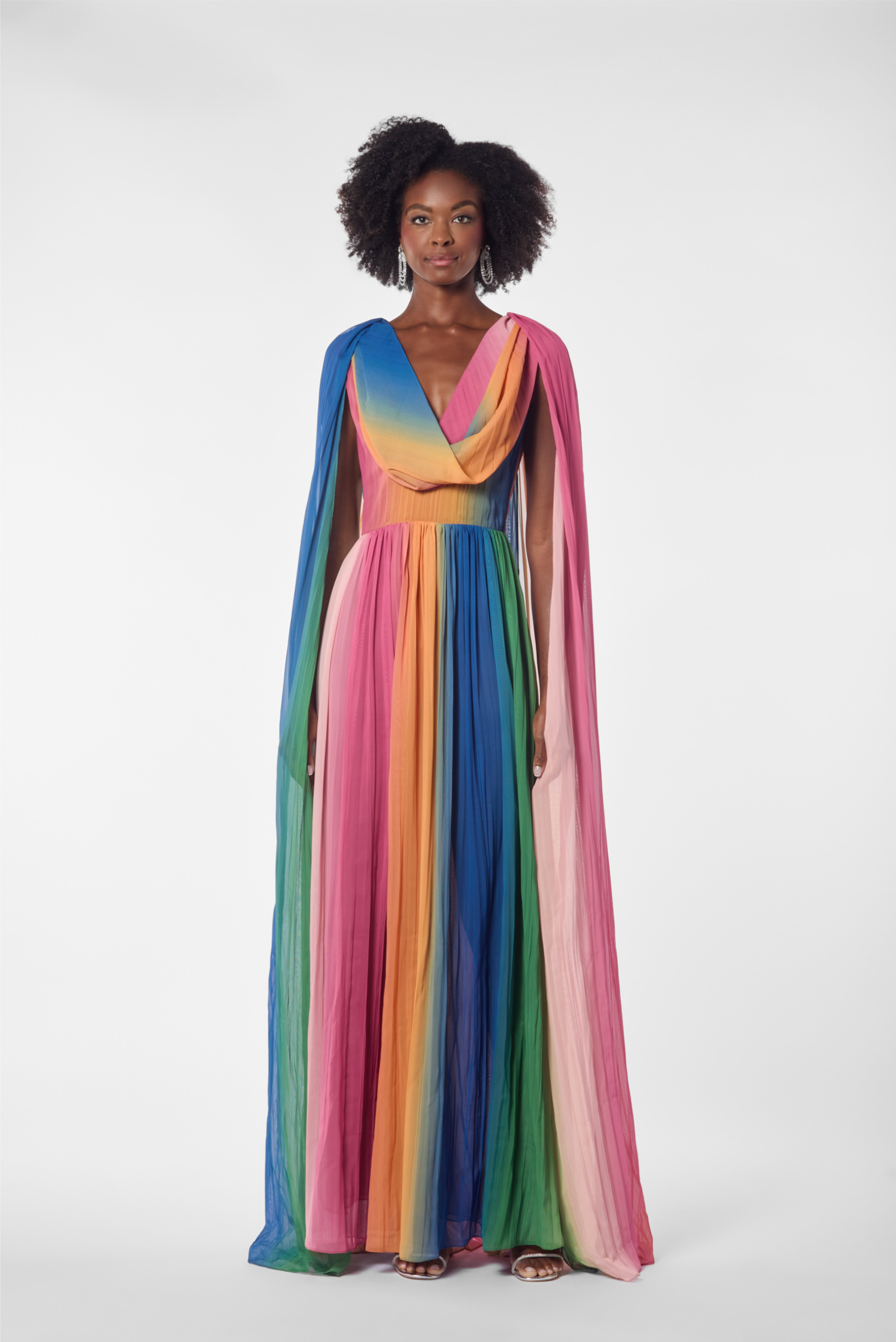 Ombre Pleated Chiffon Cape Back Caftan Gown
