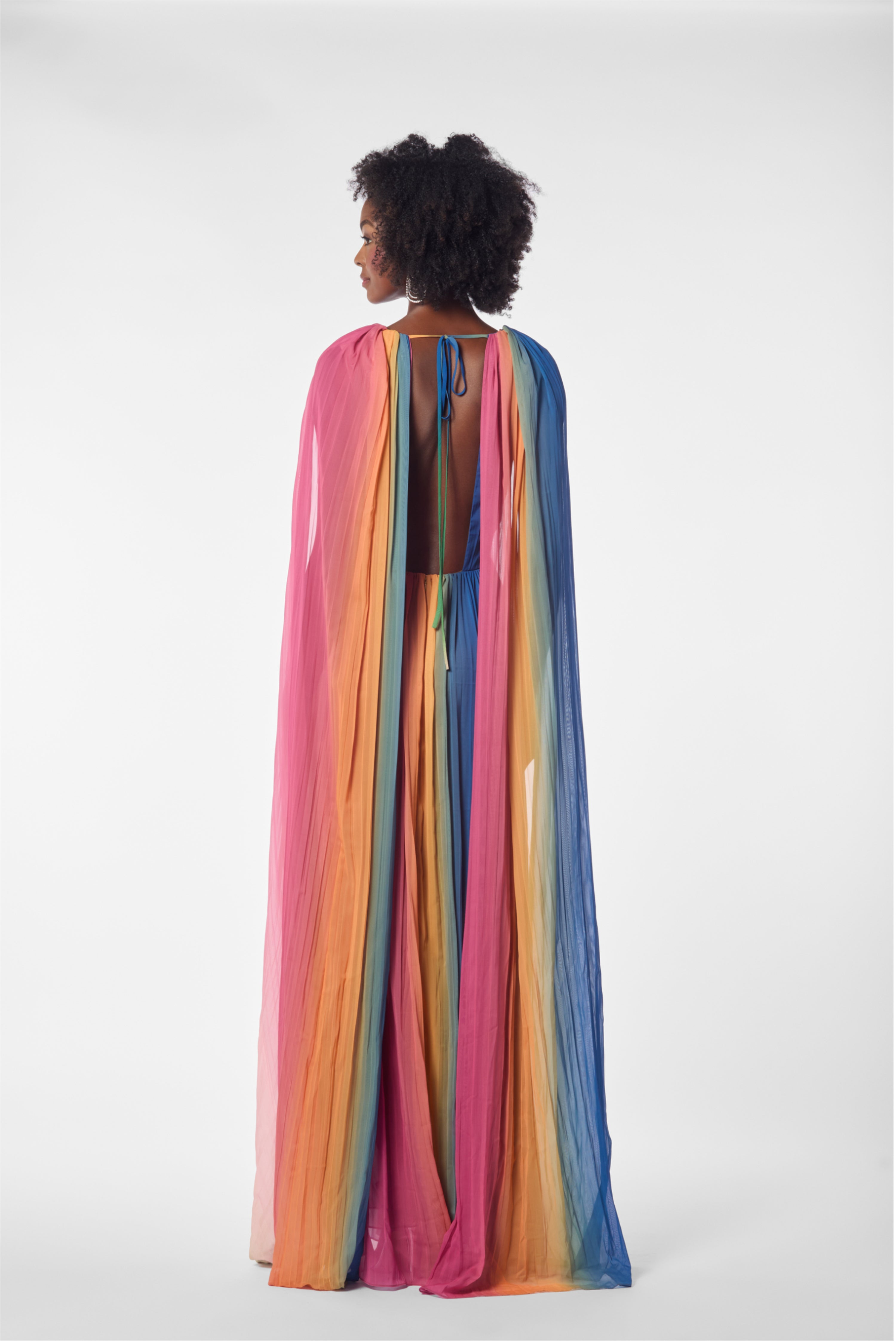 Ombre Pleated Chiffon Cape Back Caftan Gown
