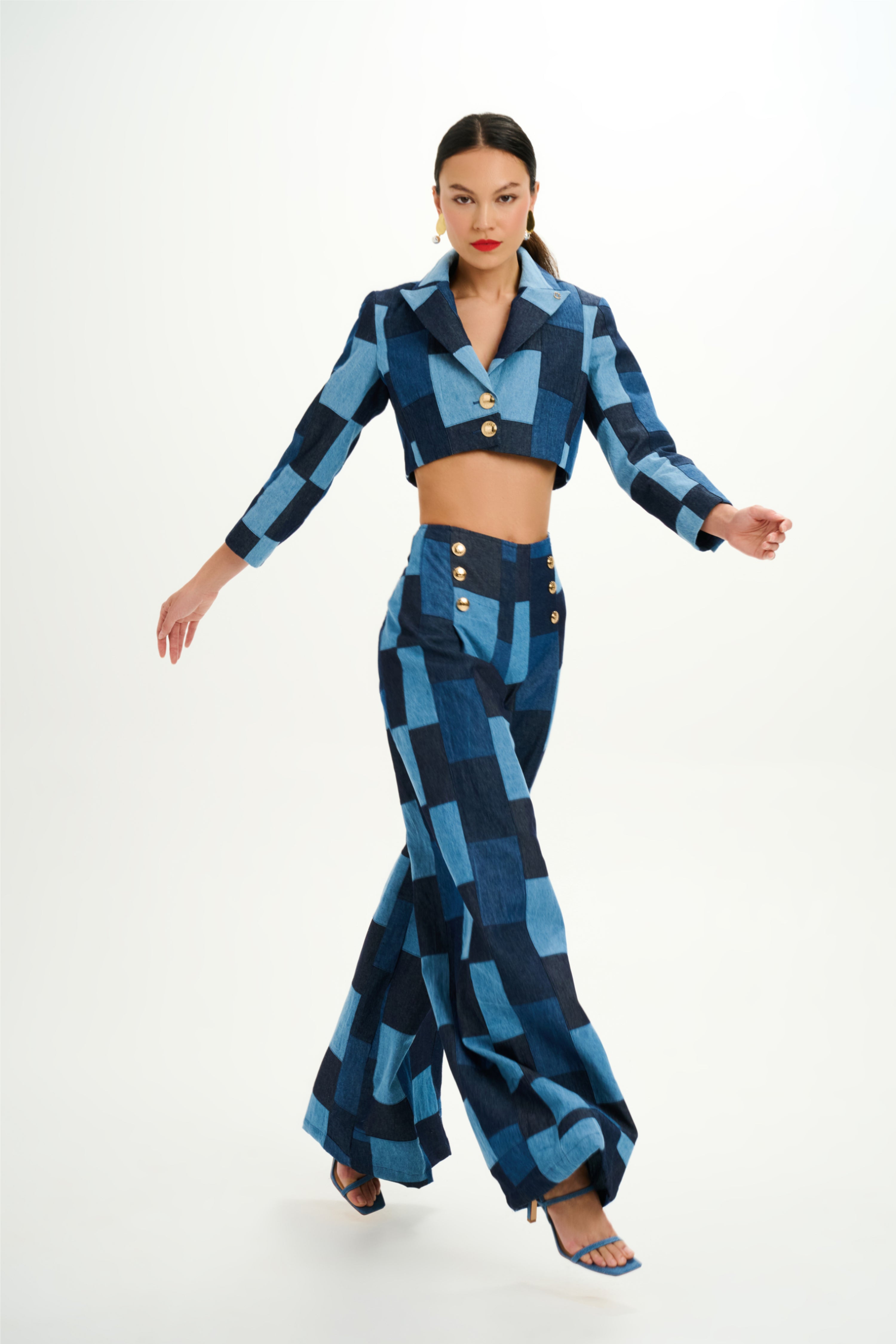 Patchwork Denim High-waisted Wide-Leg Pants