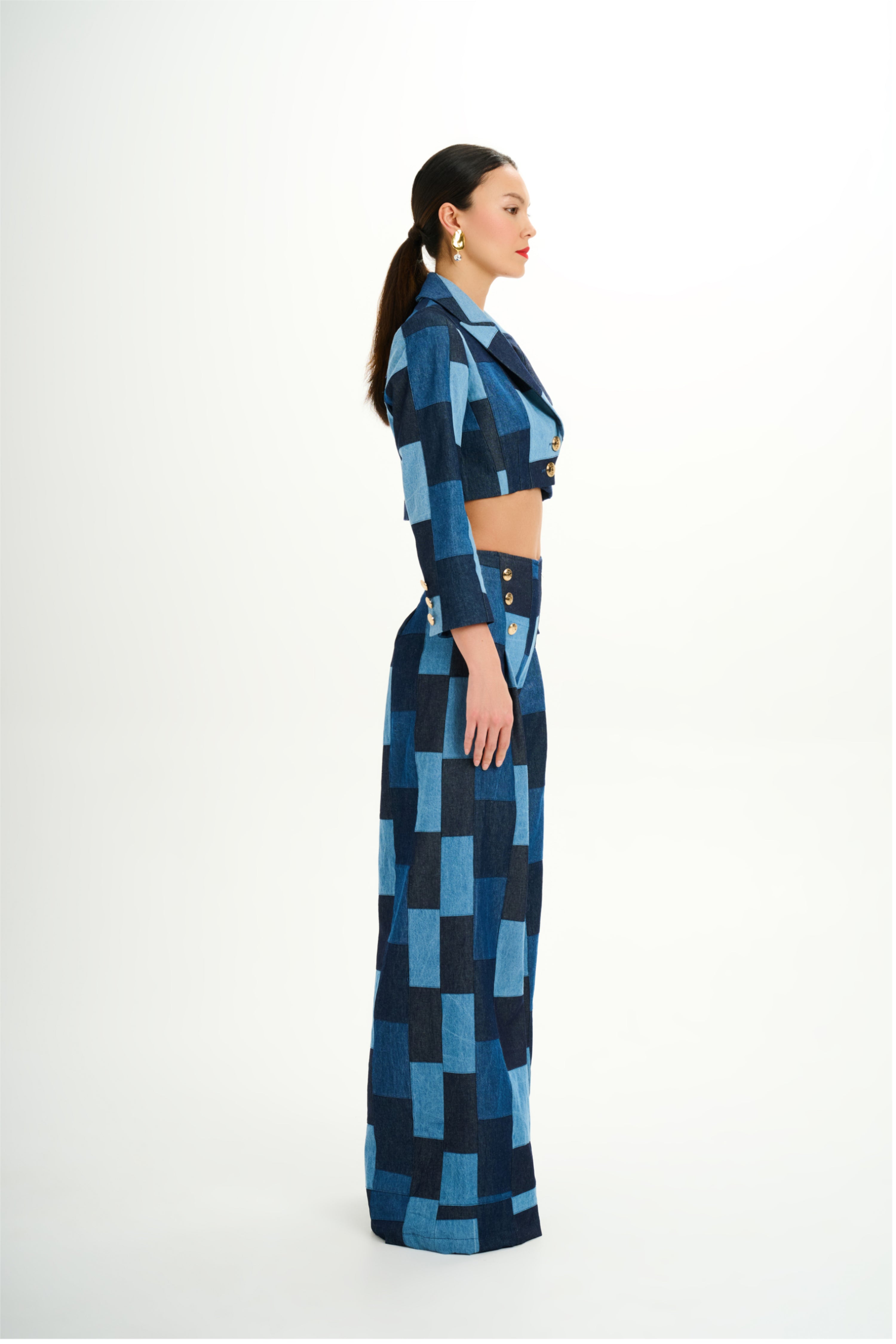 Patchwork Denim High-waisted Wide-Leg Pants