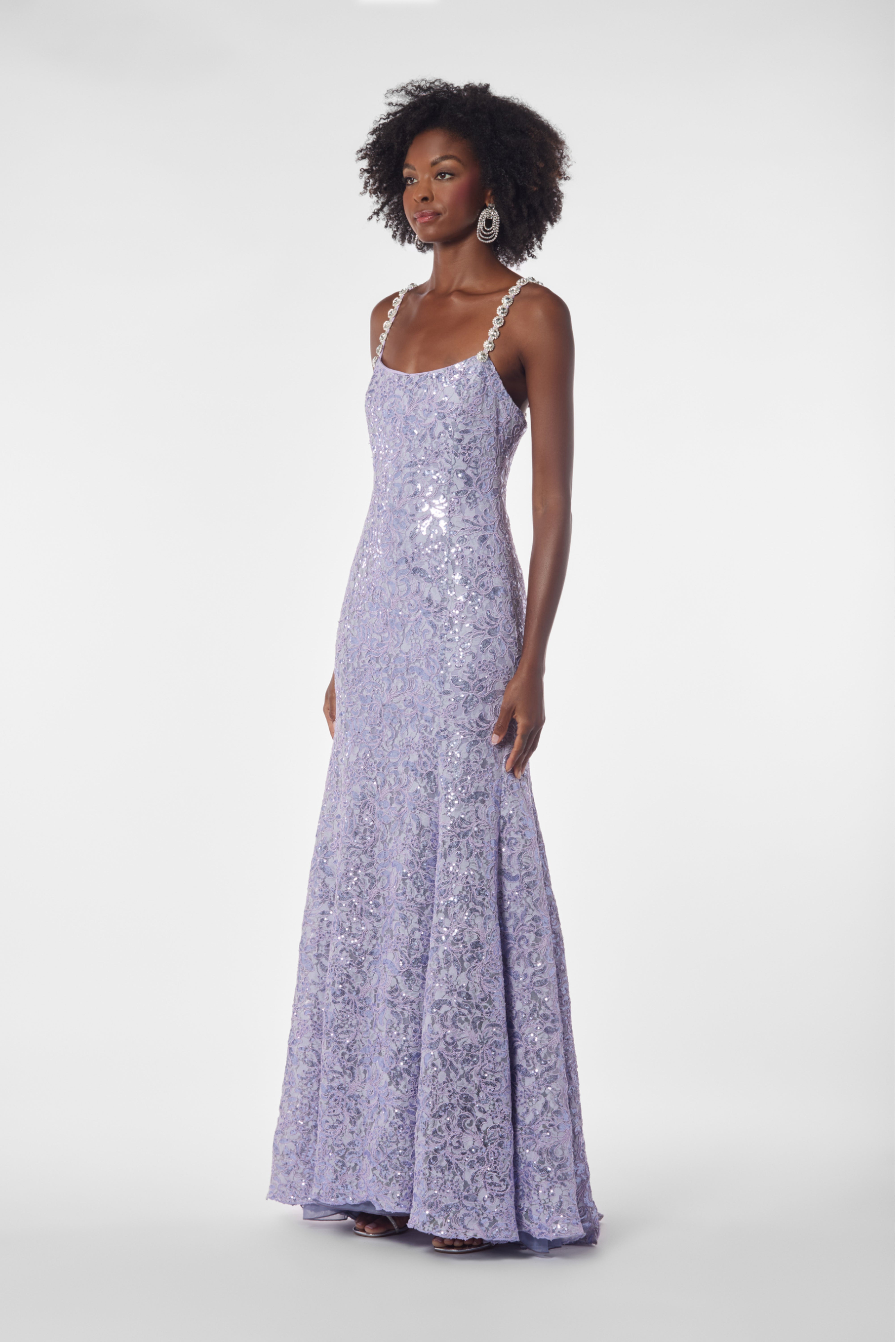 Crystals Straps Embroidered Sequin Lace Gown