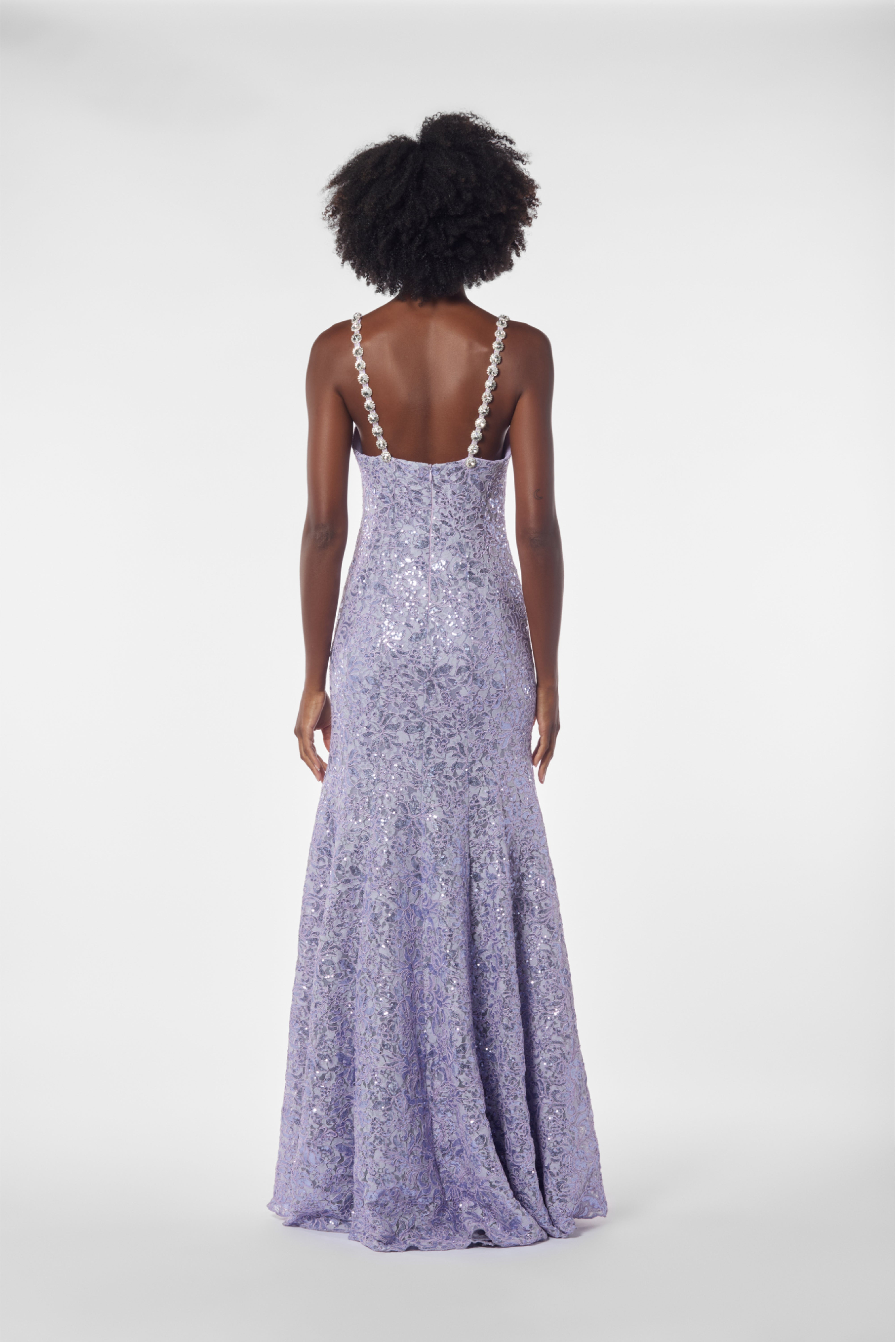 Crystals Straps Embroidered Sequin Lace Gown