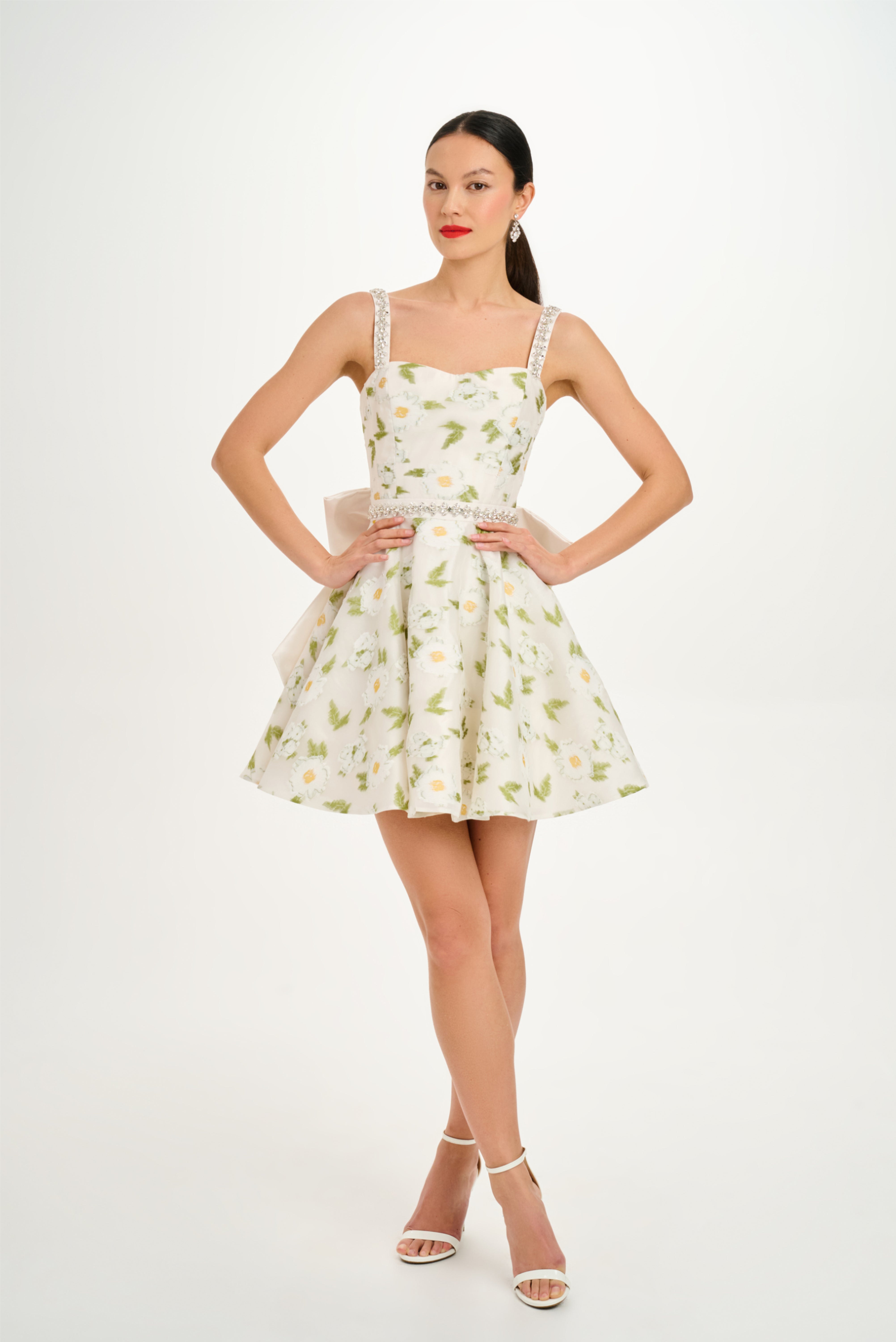 Embroidered Daisy Flower Organza Sweetheart Dress 4 / Floral Sand Embroidered Daisy Flower Organza Sweetheart Dress 4 / Floral Sand
