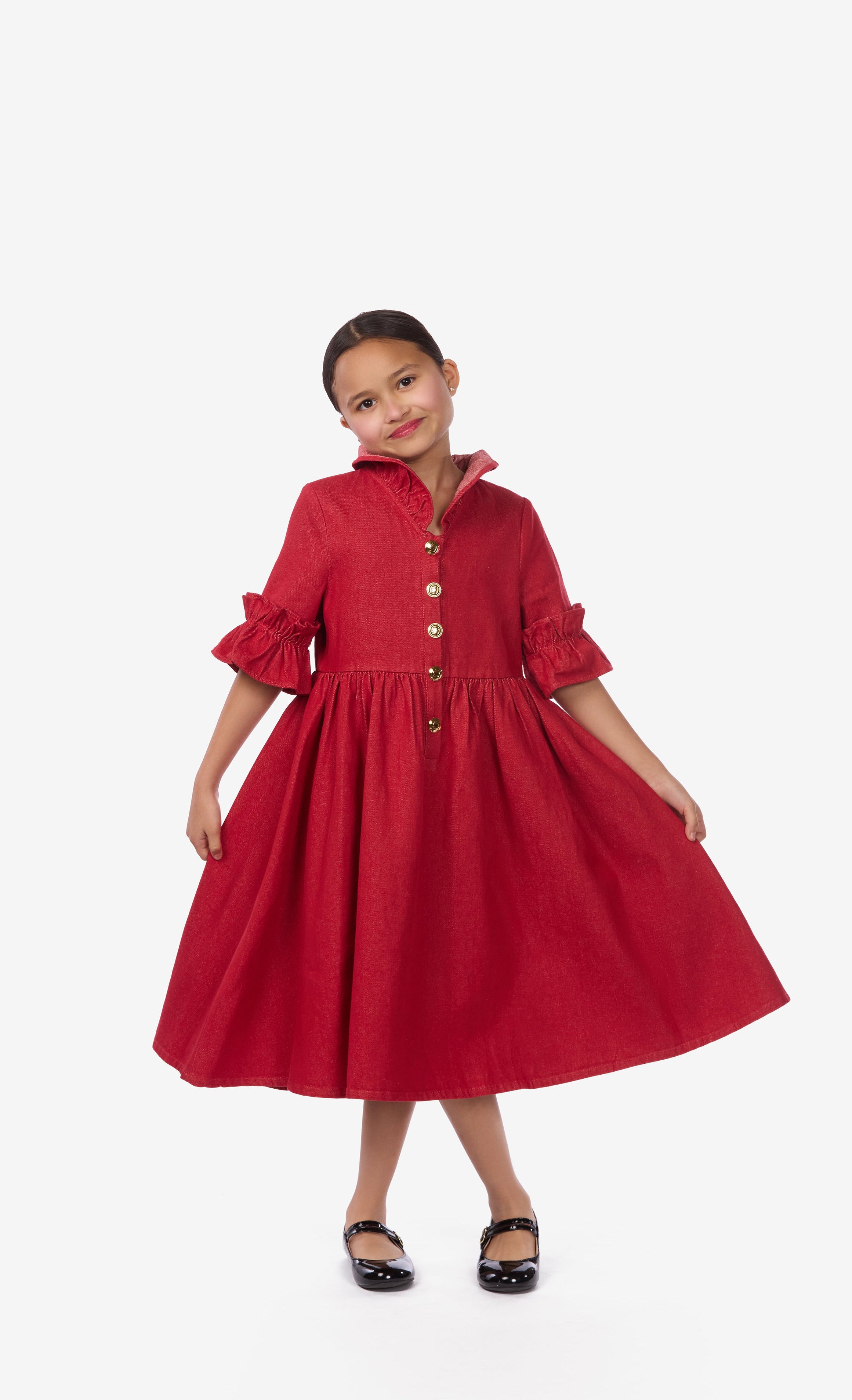 Ruffled Neck Denim A-Line Dress