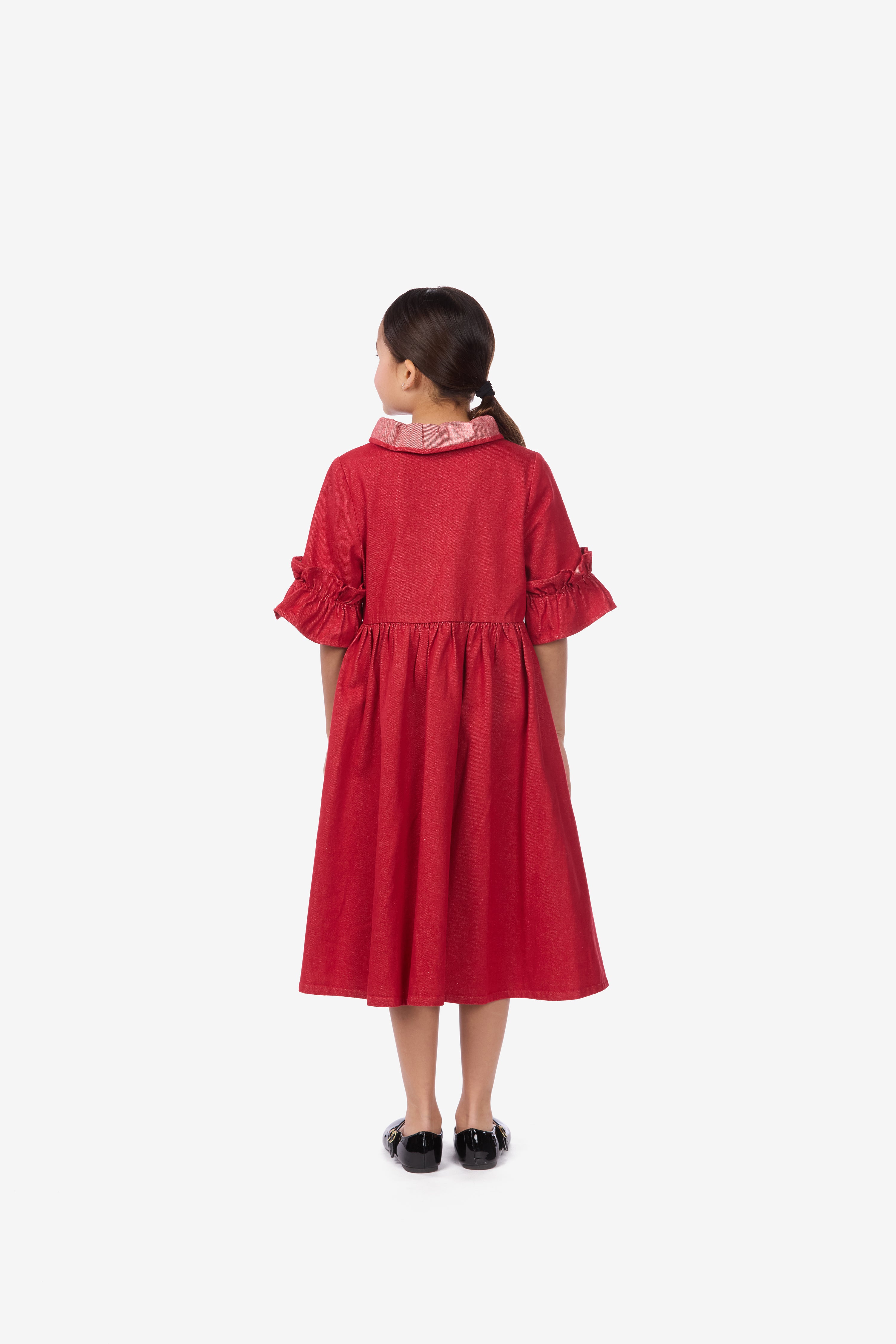 Ruffled Neck Denim A-Line Dress