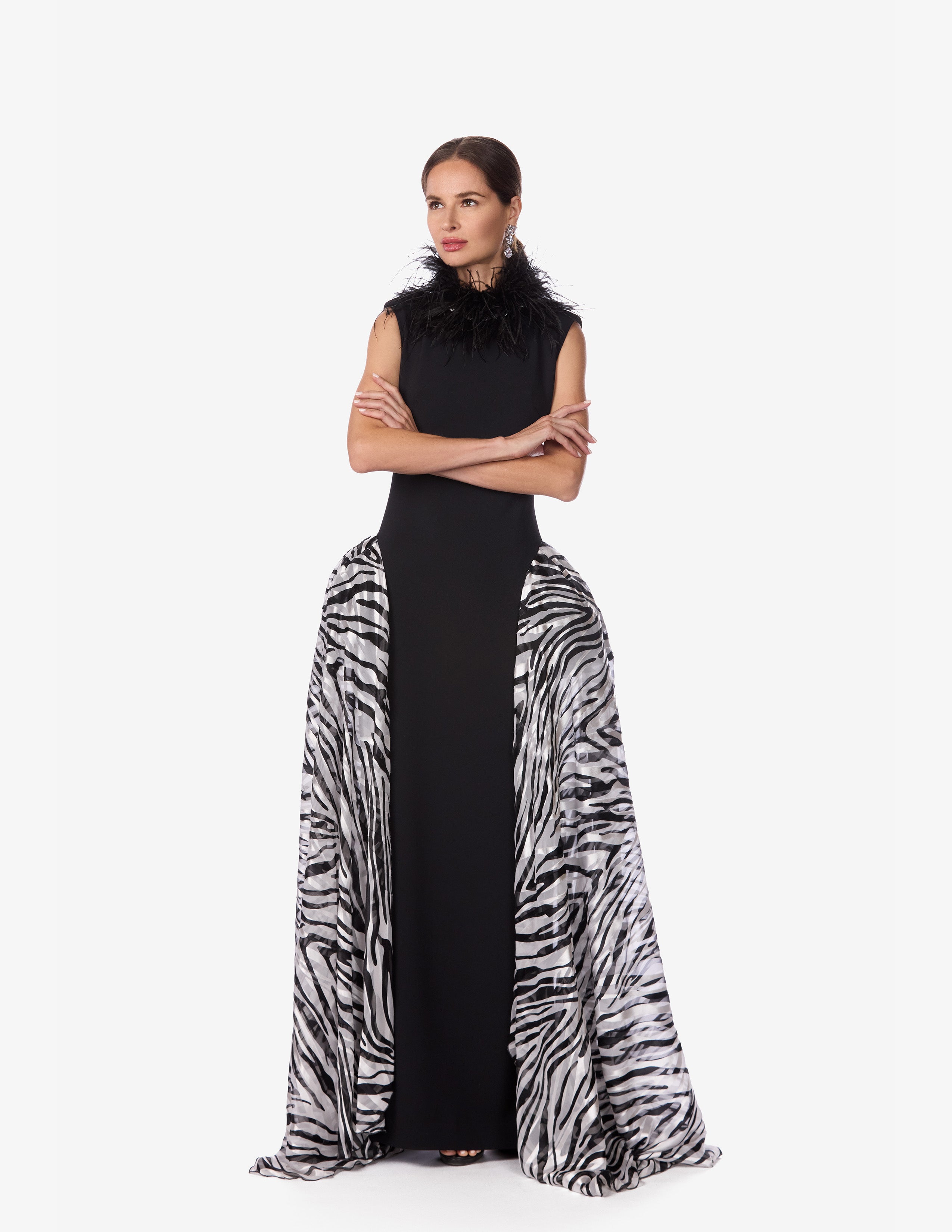 Zebra Panel Crystal Feather Gown